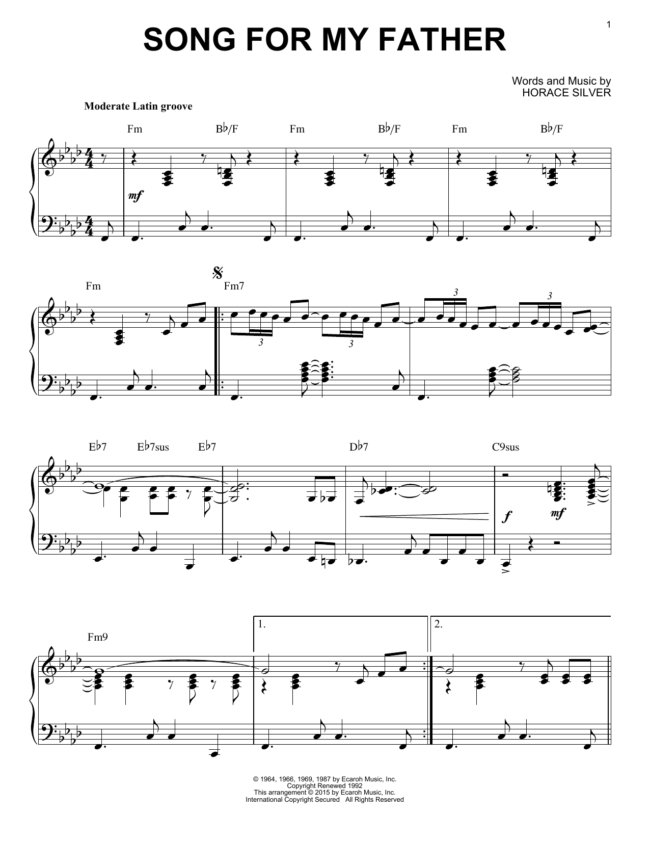 Horace Silver Song For My Father (arr. Brent Edstrom) Sheet Music Notes & Chords for Piano Solo - Download or Print PDF