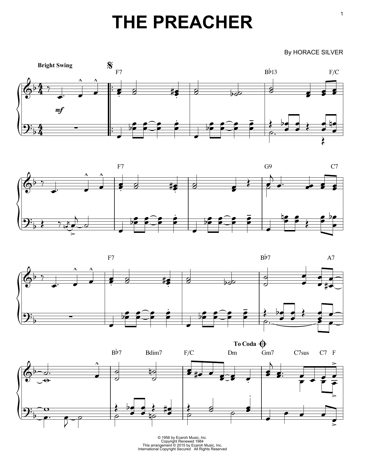 Horace Silver The Preacher (arr. Brent Edstrom) Sheet Music Notes & Chords for Piano Solo - Download or Print PDF
