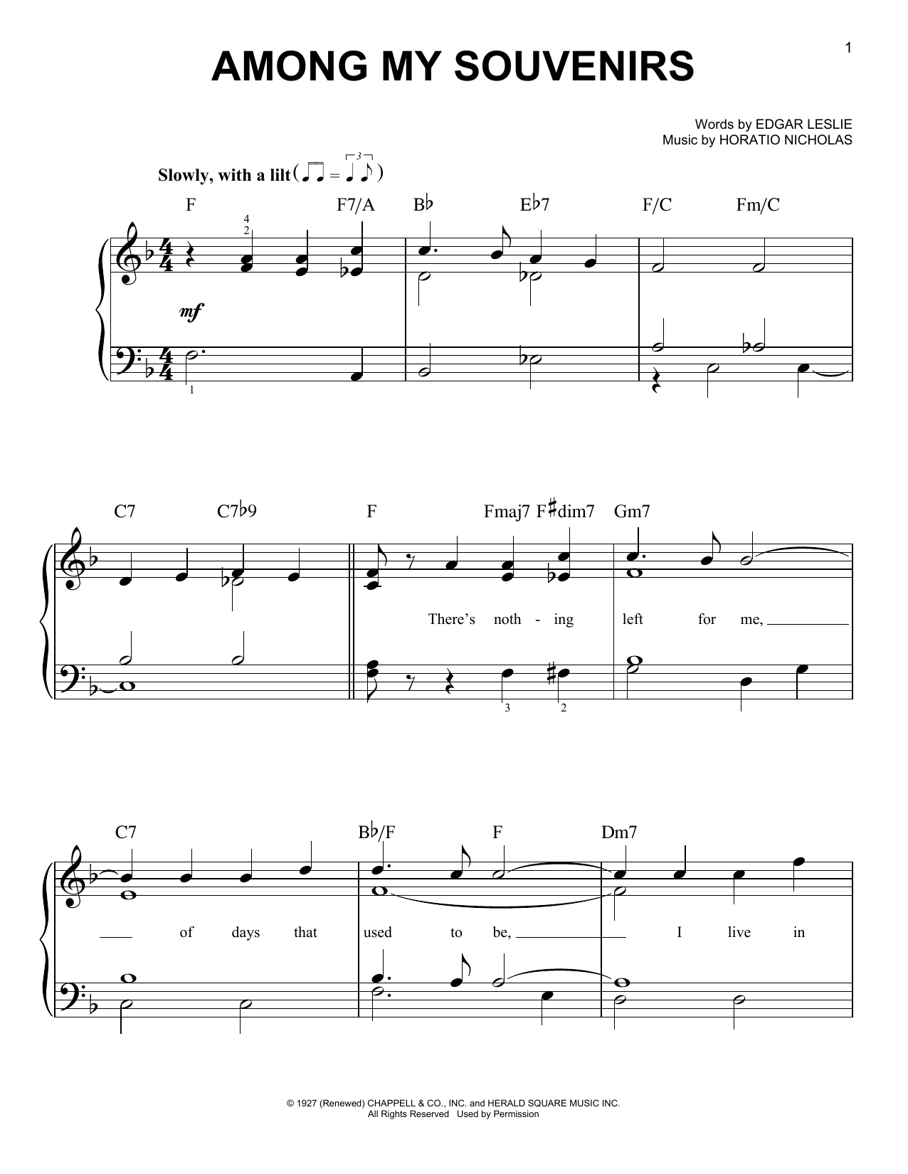 Horatio Nicholls Among My Souvenirs Sheet Music Notes & Chords for Easy Piano - Download or Print PDF