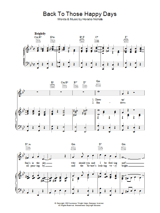 Preview Horatio Nicholls Back To Those Happy Days Pop sheet music, notes and chords for Piano, Vocal & Guitar (Right-Hand Melody), SKU: 37344 Back To Those Happy Days sheet music