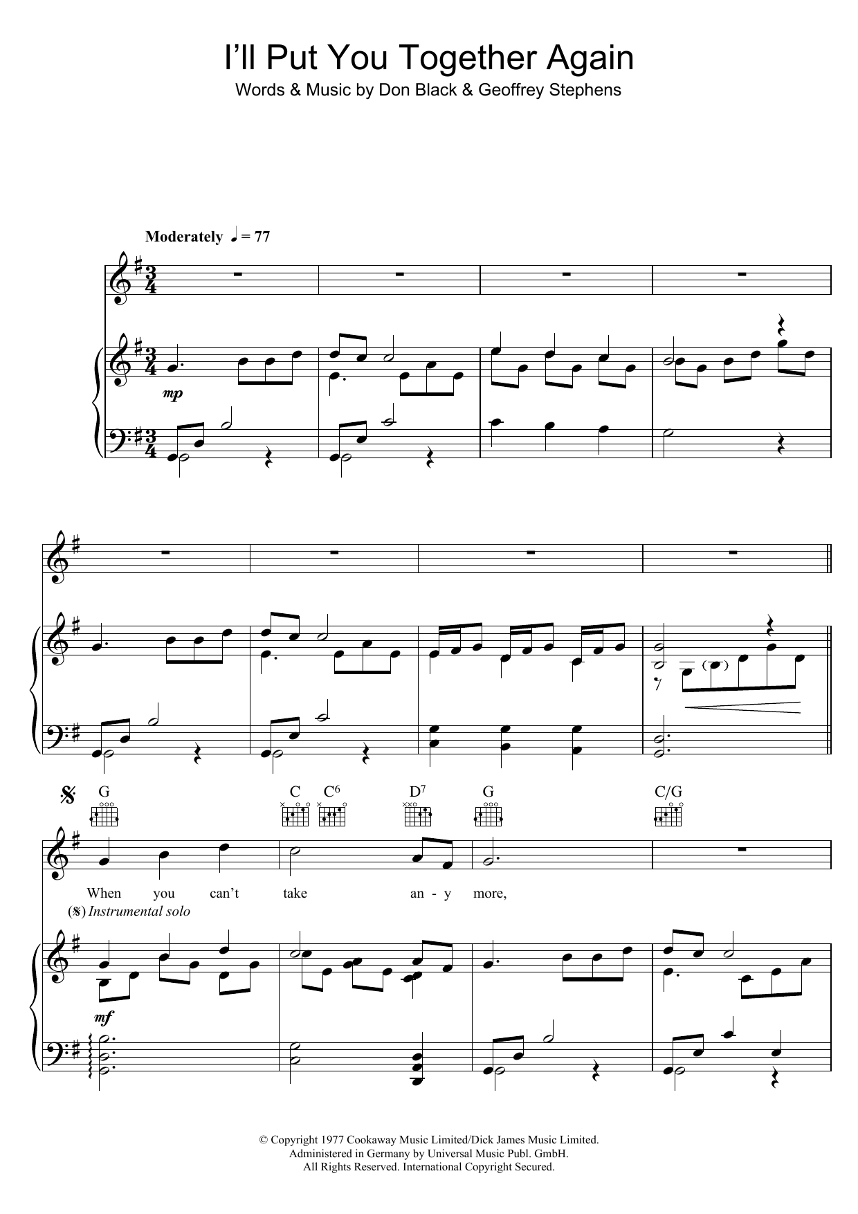 Hot Chocolate I'll Put You Together Again Sheet Music Notes & Chords for Piano, Vocal & Guitar (Right-Hand Melody) - Download or Print PDF