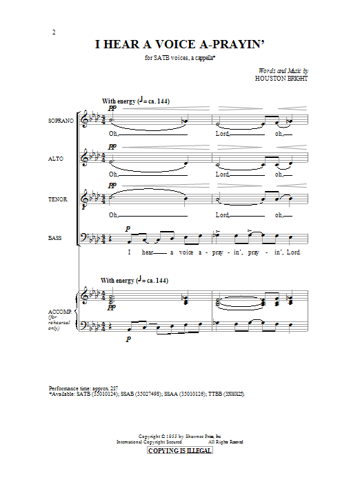 Houston Bright I Hear A Voice A-Prayin' Sheet Music Notes & Chords for SATB - Download or Print PDF