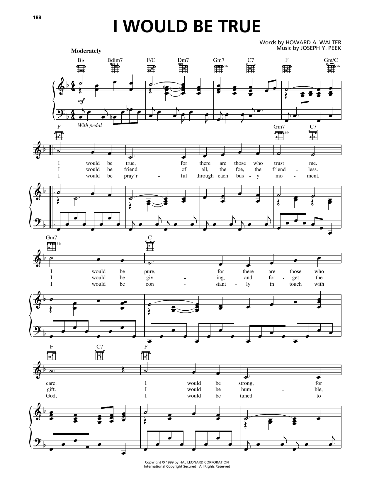 Howard A. Walter I Would Be True Sheet Music Notes & Chords for Piano, Vocal & Guitar Chords (Right-Hand Melody) - Download or Print PDF