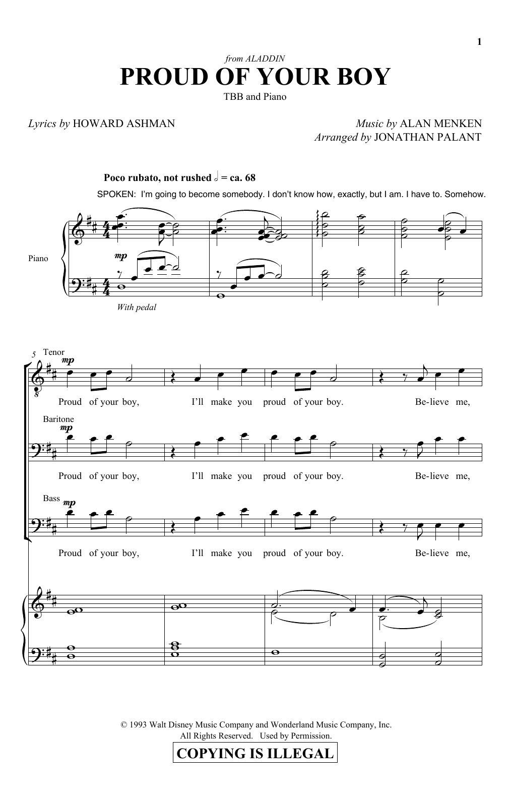 Howard Ashman and Alan Menken Proud Of Your Boy (from Aladdin: The Broadway Musical) (arr. Jonathan Palant) Sheet Music Notes & Chords for TBB Choir - Download or Print PDF