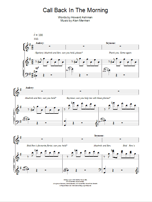 Howard Ashman Call Back In The Morning Sheet Music Notes & Chords for Piano, Vocal & Guitar - Download or Print PDF