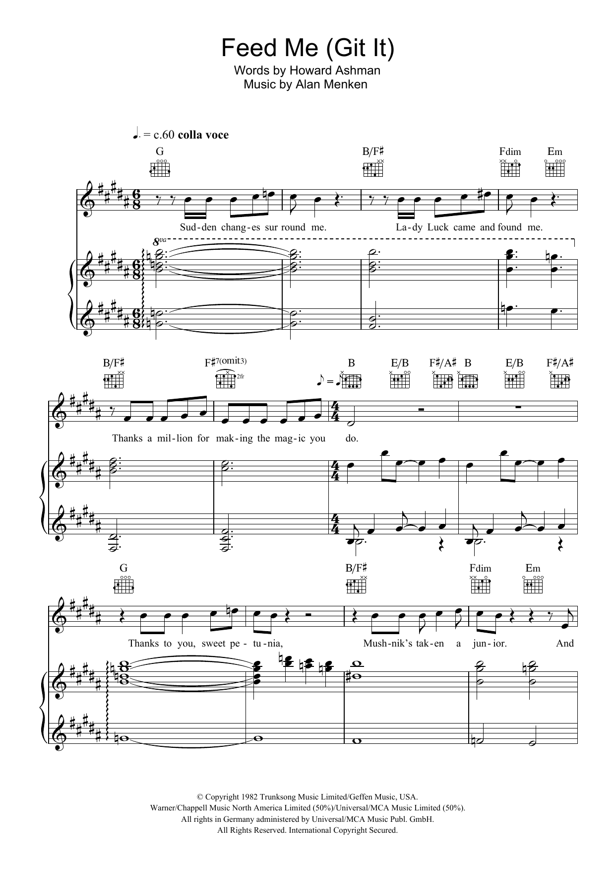 Howard Ashman Feed Me (from Little Shop of Horrors) Sheet Music Notes & Chords for Piano, Vocal & Guitar - Download or Print PDF