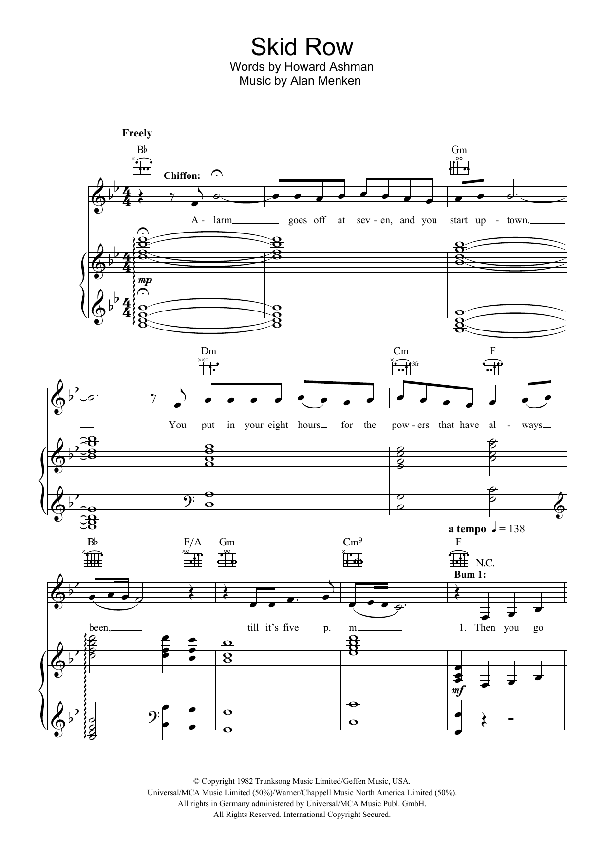 Howard Ashman Skid Row (Downtown) (from Little Shop of Horrors) Sheet Music Notes & Chords for Piano, Vocal & Guitar - Download or Print PDF