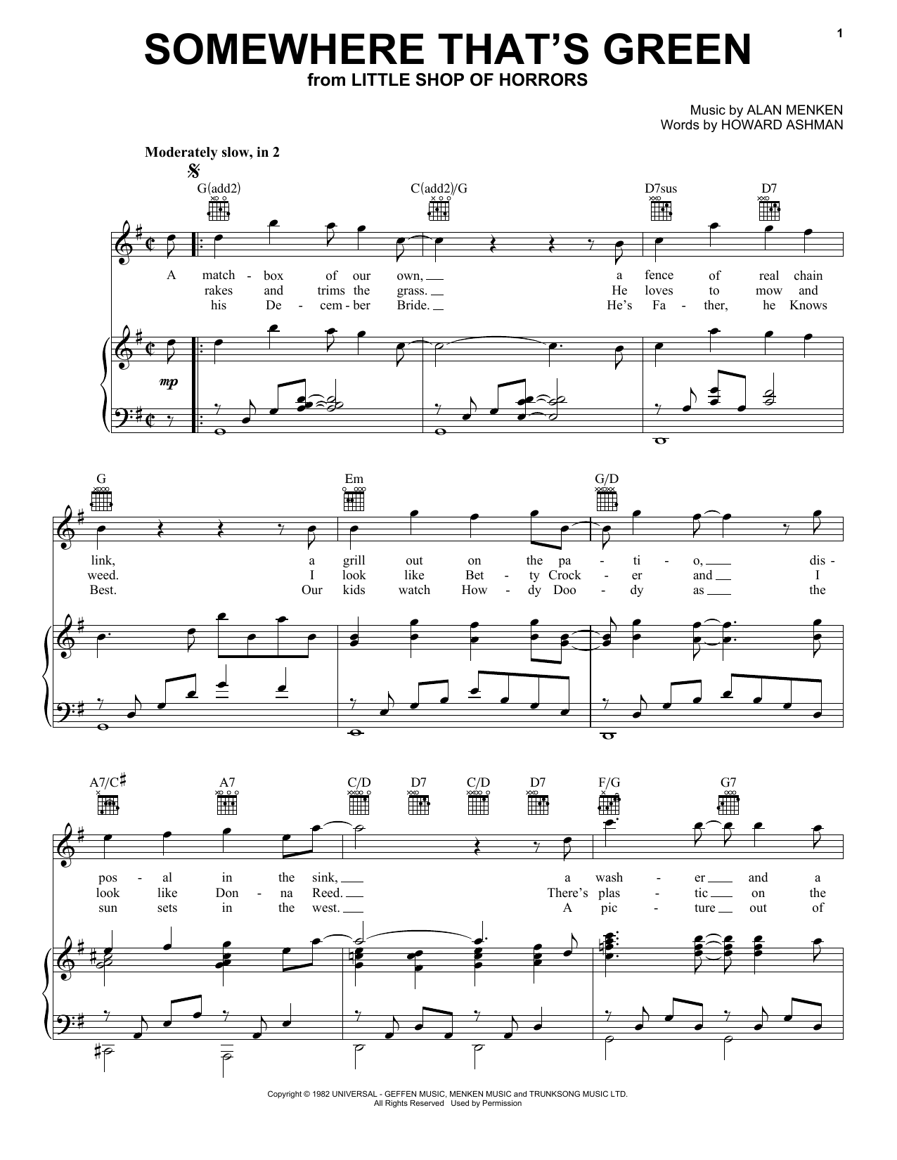 Howard Ashman Somewhere That's Green Sheet Music Notes & Chords for Piano, Vocal & Guitar (Right-Hand Melody) - Download or Print PDF