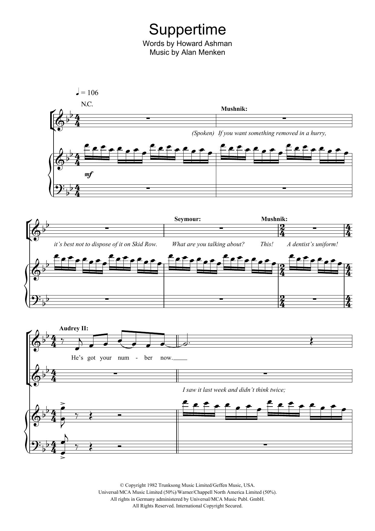 Howard Ashman Suppertime (from Little Shop of Horrors) Sheet Music Notes & Chords for Piano, Vocal & Guitar - Download or Print PDF