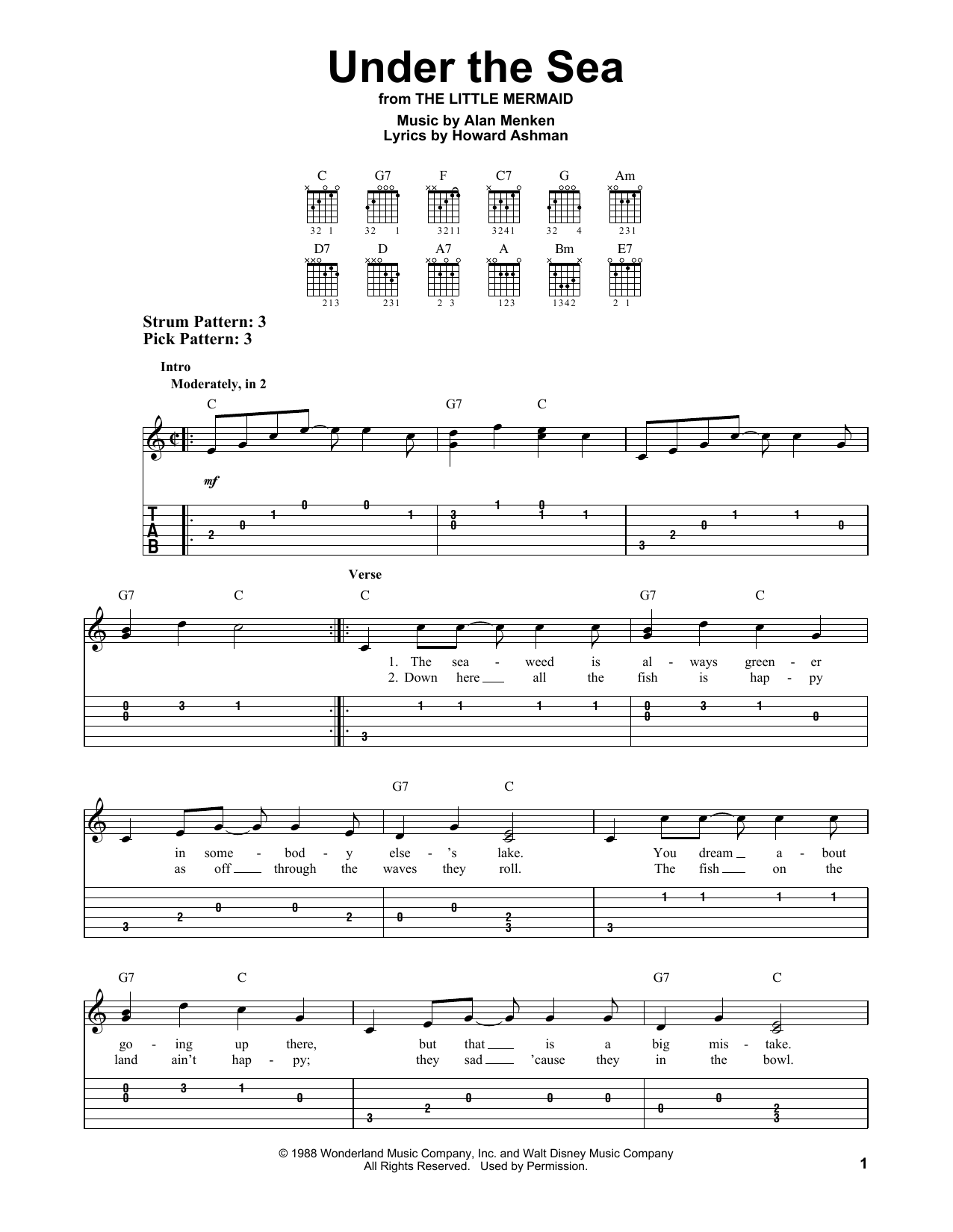 Howard Ashman Under The Sea (from The Little Mermaid) Sheet Music Notes & Chords for Easy Guitar Tab - Download or Print PDF