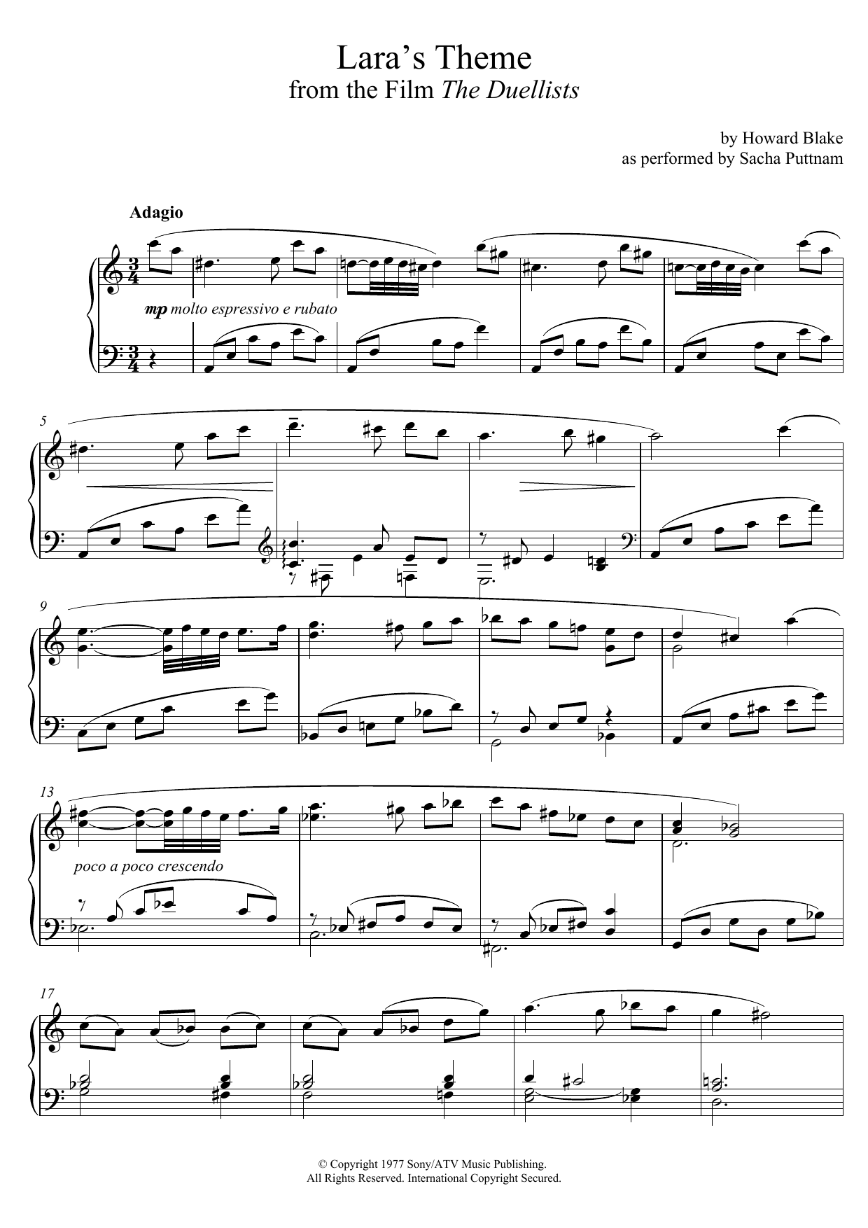 Howard Blake Lara's Theme (From The Duellists) (as performed by Sacha Puttnam) Sheet Music Notes & Chords for Piano - Download or Print PDF