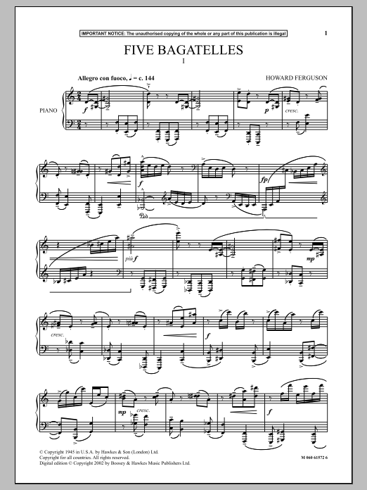 Howard Ferguson Five Bagatelles (I) Sheet Music Notes & Chords for Piano - Download or Print PDF