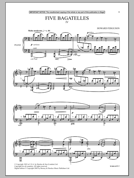 Howard Ferguson Five Bagatelles (IV) Sheet Music Notes & Chords for Piano - Download or Print PDF Howard Ferguson Five Bagatelles (IV) Sheet Music Notes & Chords for Piano - Download or Print PDF
