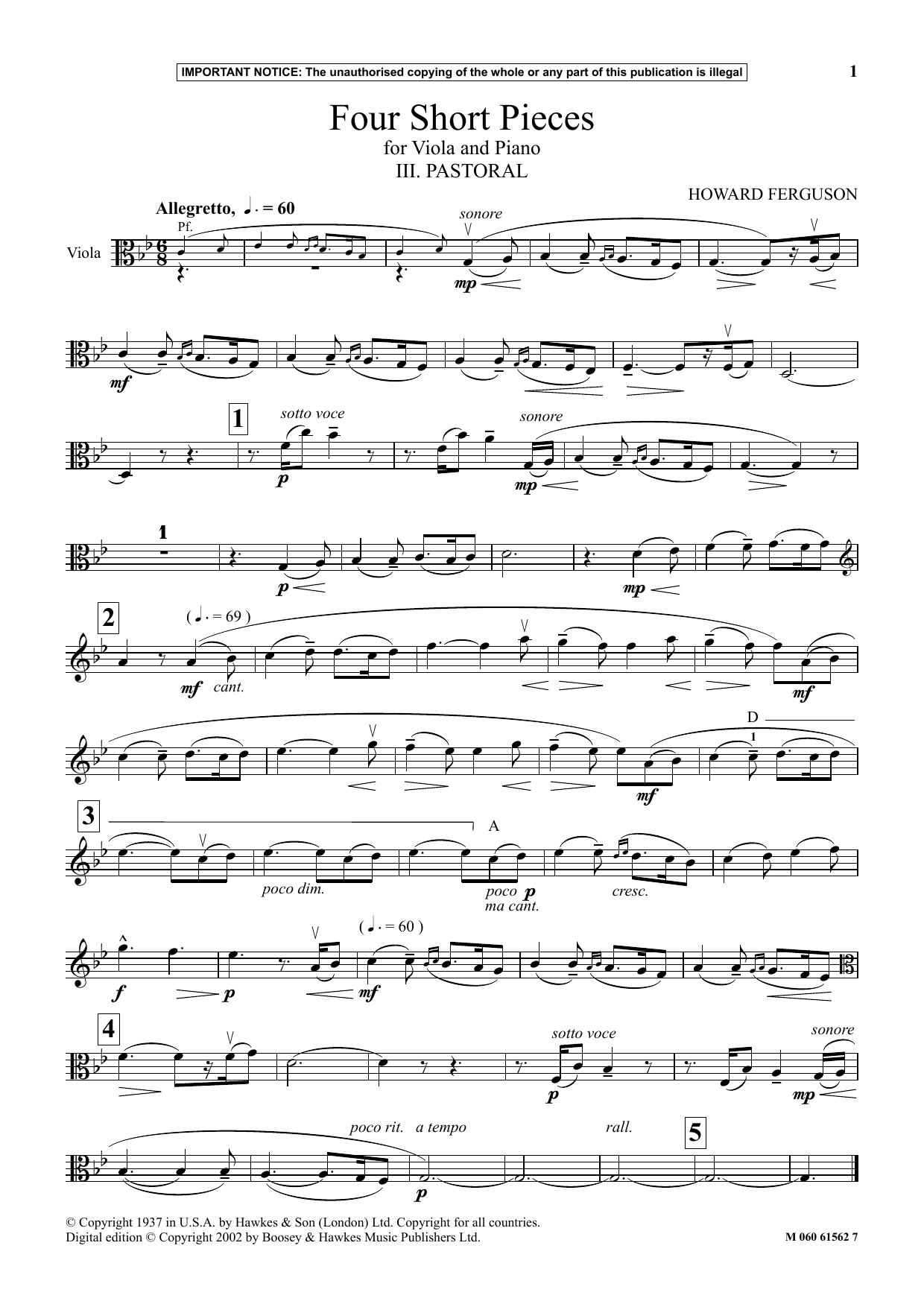 Howard Ferguson III. Pastoral (from Four Short Pieces For Viola And Piano) Sheet Music Notes & Chords for Instrumental Solo - Download or Print PDF
