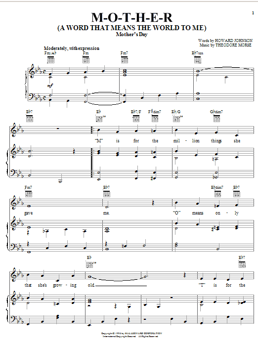 Howard Johnson M-O-T-H-E-R (A Word That Means The World To Me) Sheet Music Notes & Chords for Piano, Vocal & Guitar (Right-Hand Melody) - Download or Print PDF