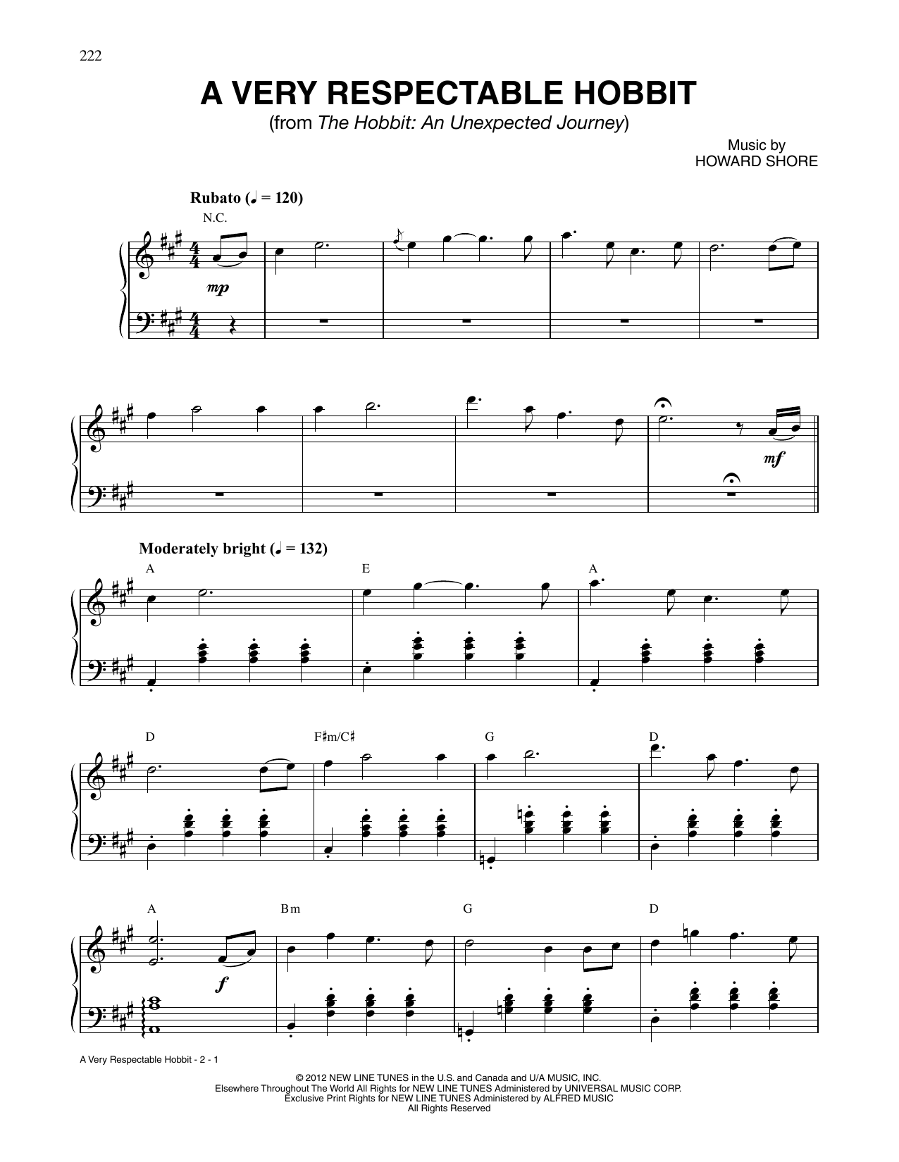 Howard Shore A Very Respectable Hobbit (from The Hobbit: An Unexpected Journey) Sheet Music Notes & Chords for Piano Solo - Download or Print PDF