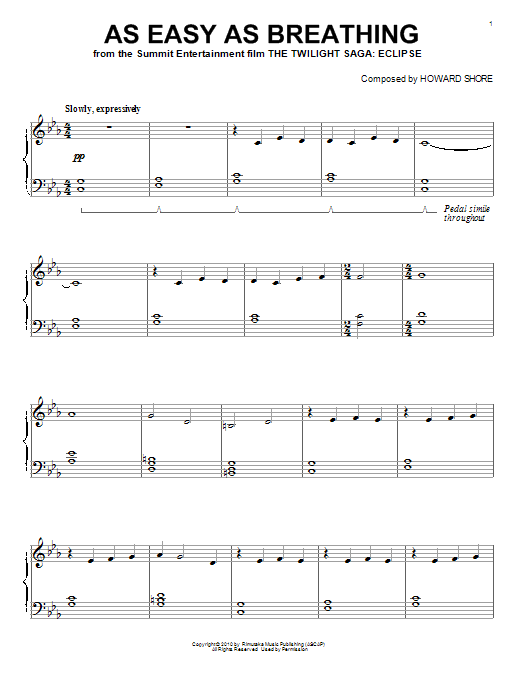 Howard Shore As Easy As Breathing Sheet Music Notes & Chords for Piano - Download or Print PDF
