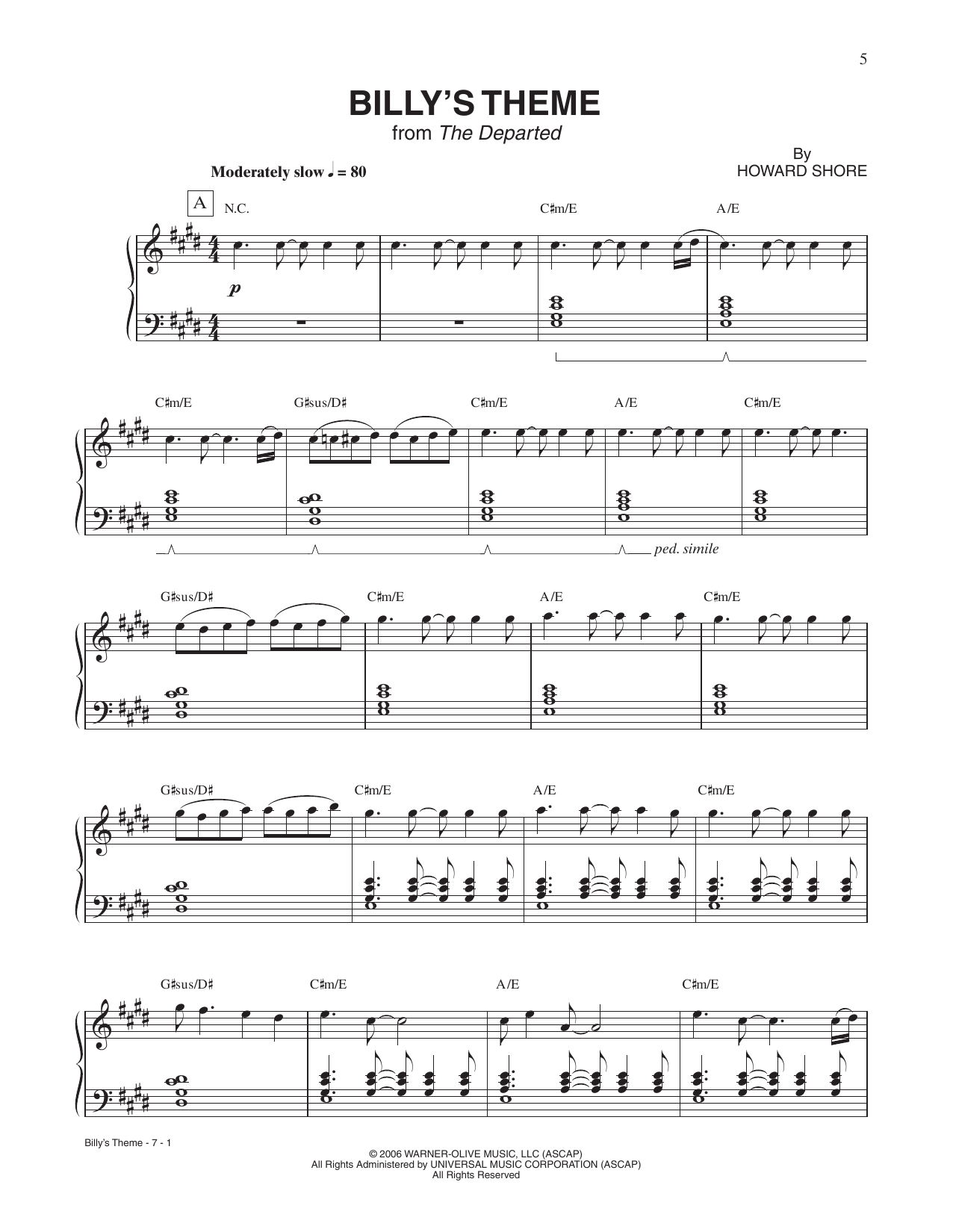 Howard Shore Billy's Theme (from The Departed) Sheet Music Notes & Chords for Piano Solo - Download or Print PDF