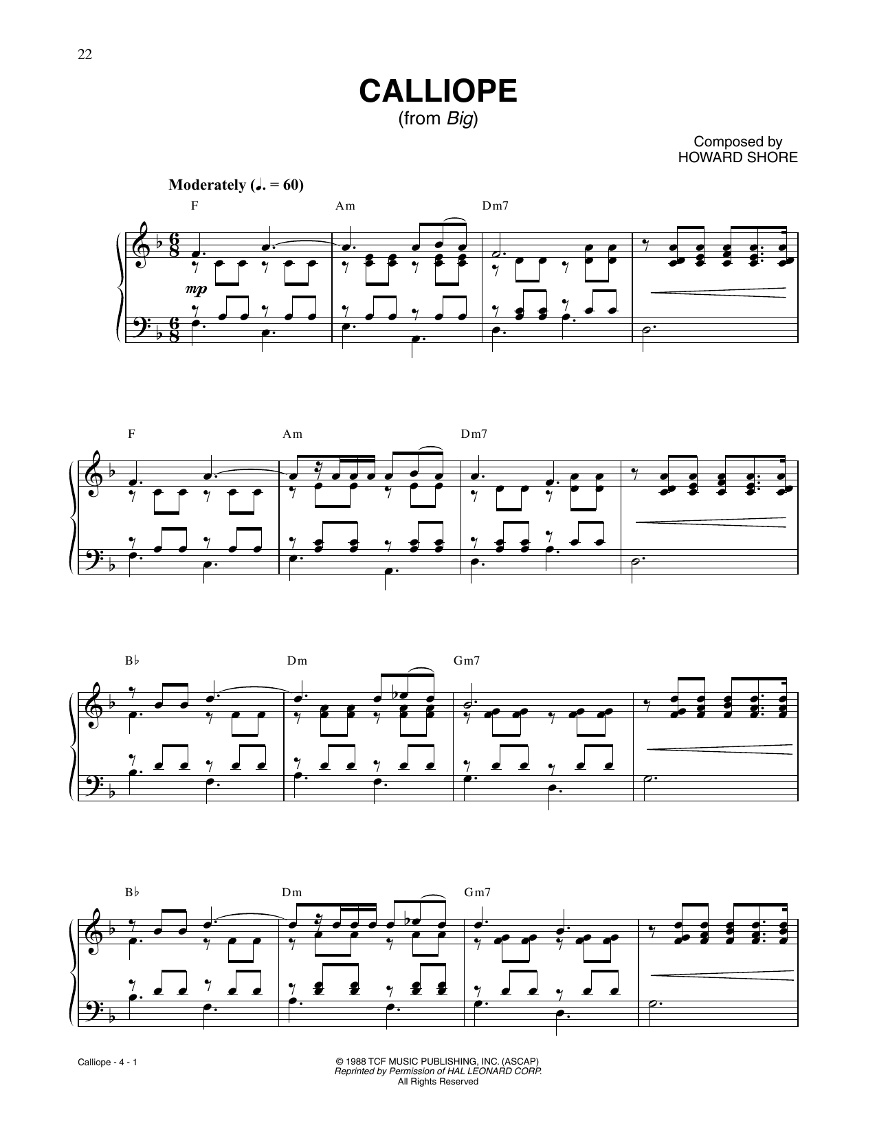 Howard Shore Calliope (from Big) Sheet Music Notes & Chords for Piano Solo - Download or Print PDF