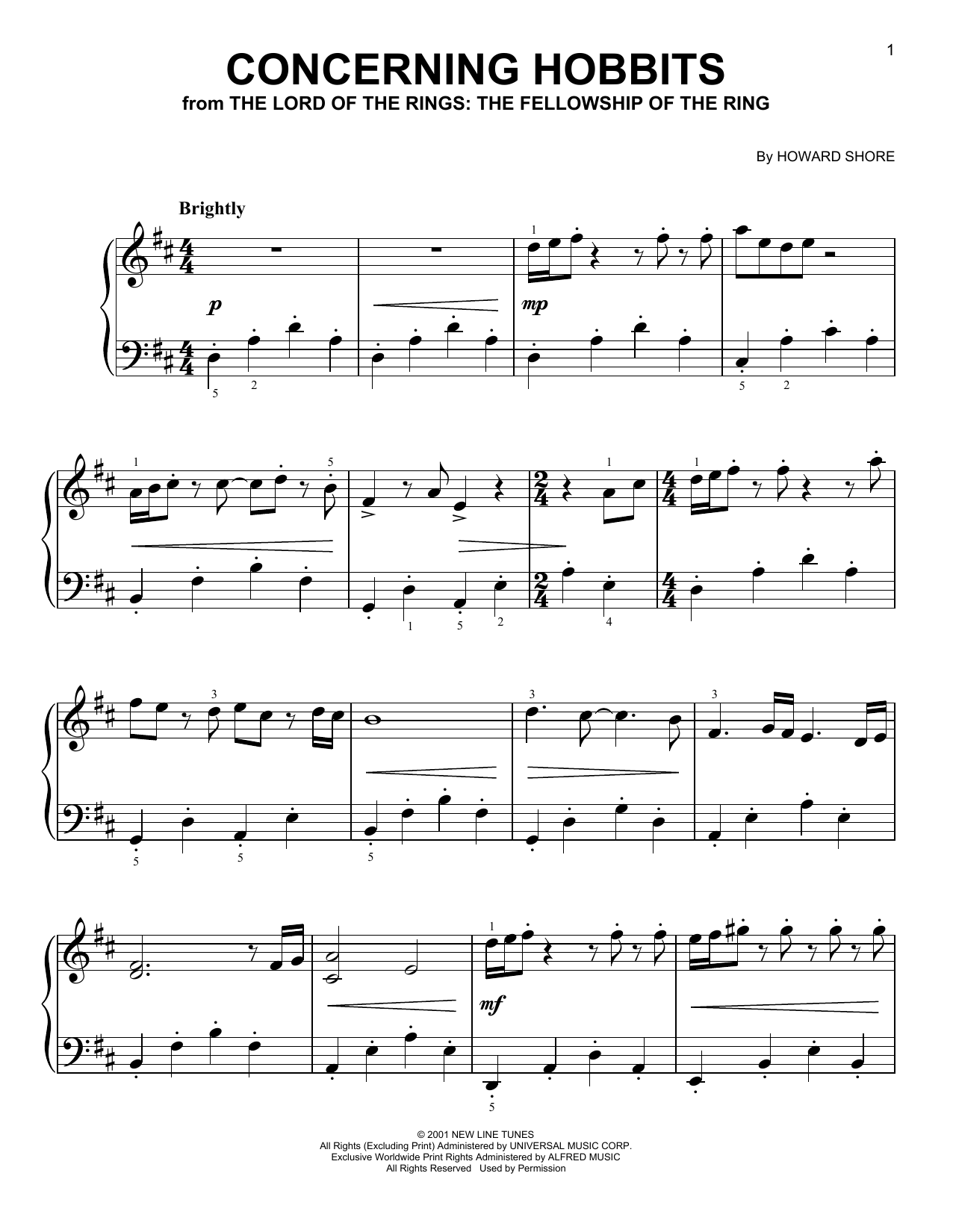 Howard Shore Concerning Hobbits (from Lord Of The Rings: The Fellowship Of The Ring) Sheet Music Notes & Chords for Very Easy Piano - Download or Print PDF