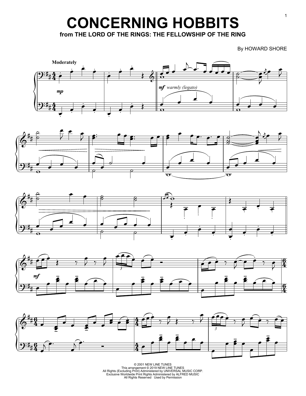 Howard Shore Concerning Hobbits (from The Lord Of The Rings: The Fellowship Of The Ring) Sheet Music Notes & Chords for Piano Solo - Download or Print PDF