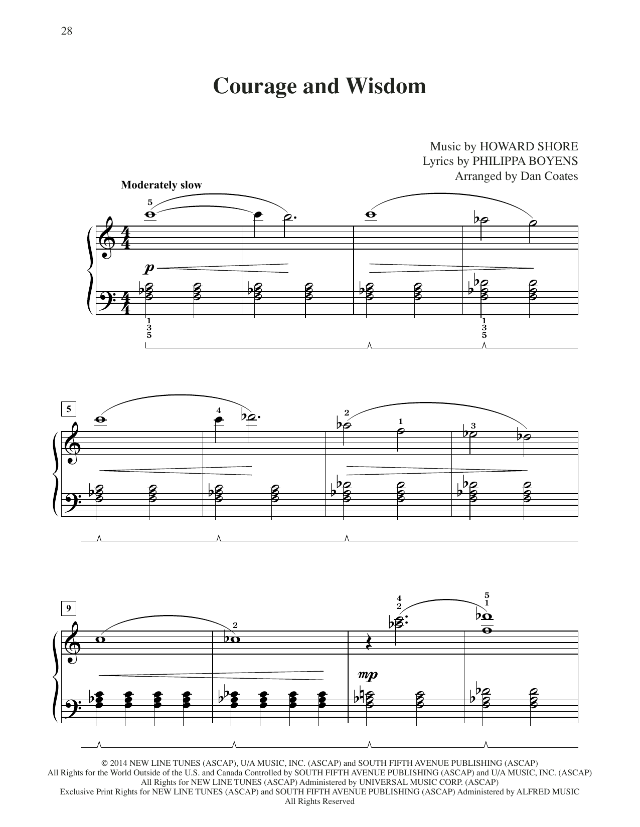 Howard Shore Courage And Wisdom (from The Hobbit: The Battle of the Five Armies) (arr. Dan Coates) Sheet Music Notes & Chords for Easy Piano - Download or Print PDF