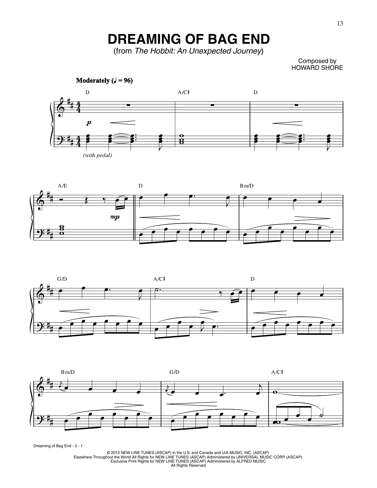 Howard Shore Dreaming Of Bag End (from The Hobbit: An Unexpected Journey) Sheet Music Notes & Chords for Piano Solo - Download or Print PDF