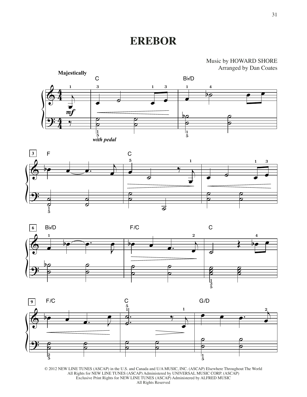 Howard Shore Erebor (from The Hobbit: An Unexpected Journey) (arr. Dan Coates) Sheet Music Notes & Chords for Easy Piano - Download or Print PDF