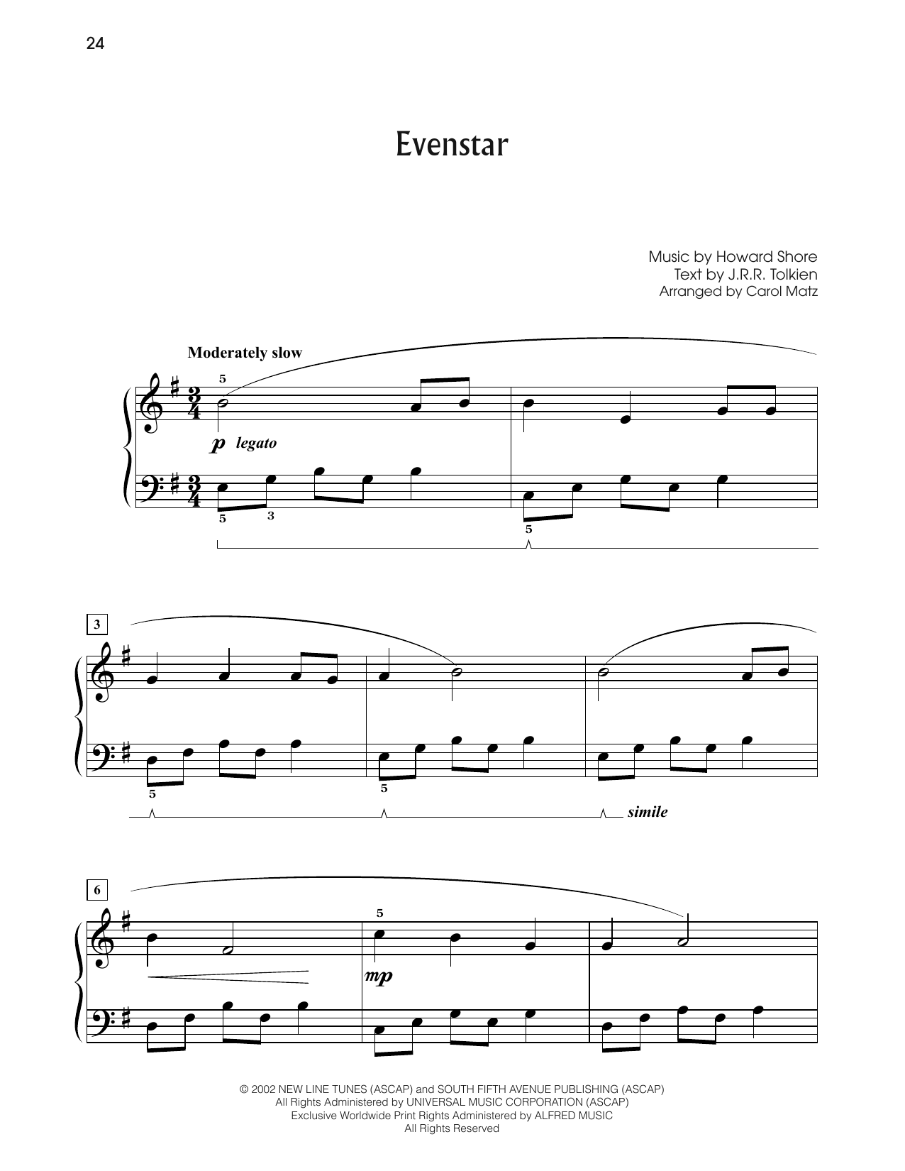 Howard Shore Evenstar (from The Lord Of The Rings: The Two Towers) (arr. Carol Matz) Sheet Music Notes & Chords for Big Note Piano - Download or Print PDF