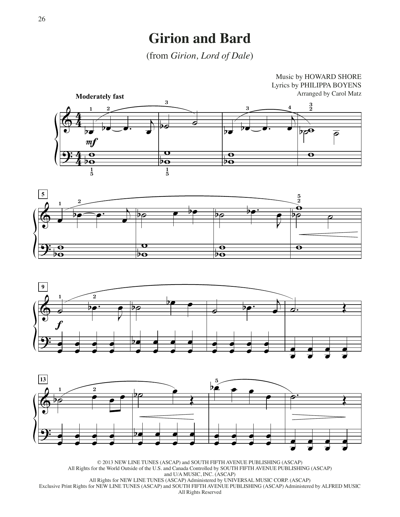 Howard Shore Girion And Bard (from The Hobbit: The Desolation of Smaug) (arr. Carol Matz) Sheet Music Notes & Chords for Big Note Piano - Download or Print PDF