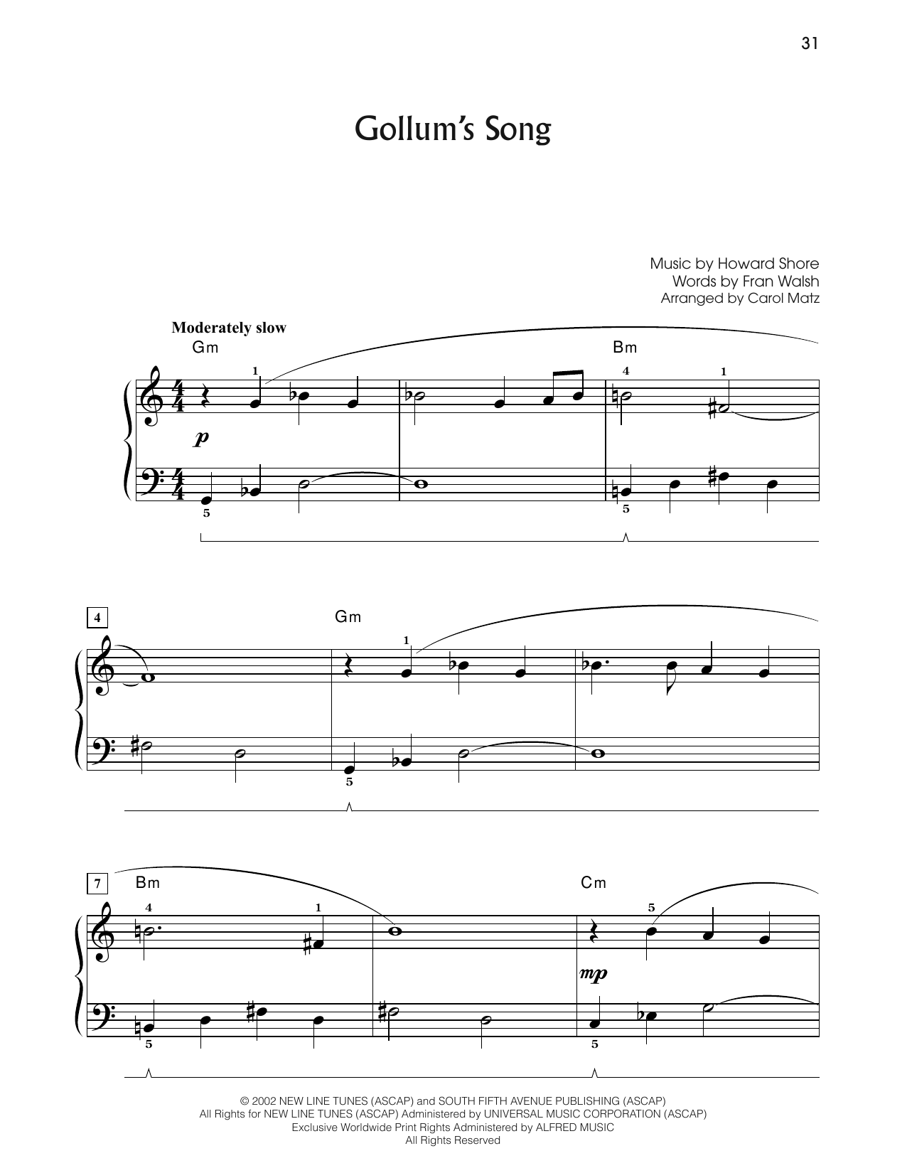 Howard Shore Gollum's Song (from The Lord Of The Rings: The Two Towers) (arr. Carol Matz) Sheet Music Notes & Chords for Big Note Piano - Download or Print PDF