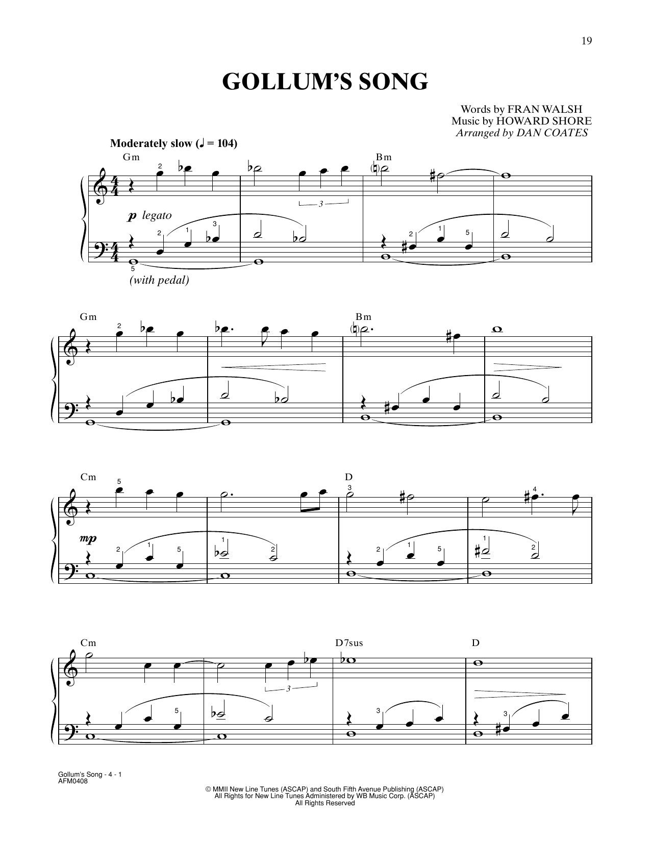 Howard Shore Gollum's Song (from The Lord Of The Rings: The Two Towers) (arr. Dan Coates) Sheet Music Notes & Chords for Easy Piano - Download or Print PDF