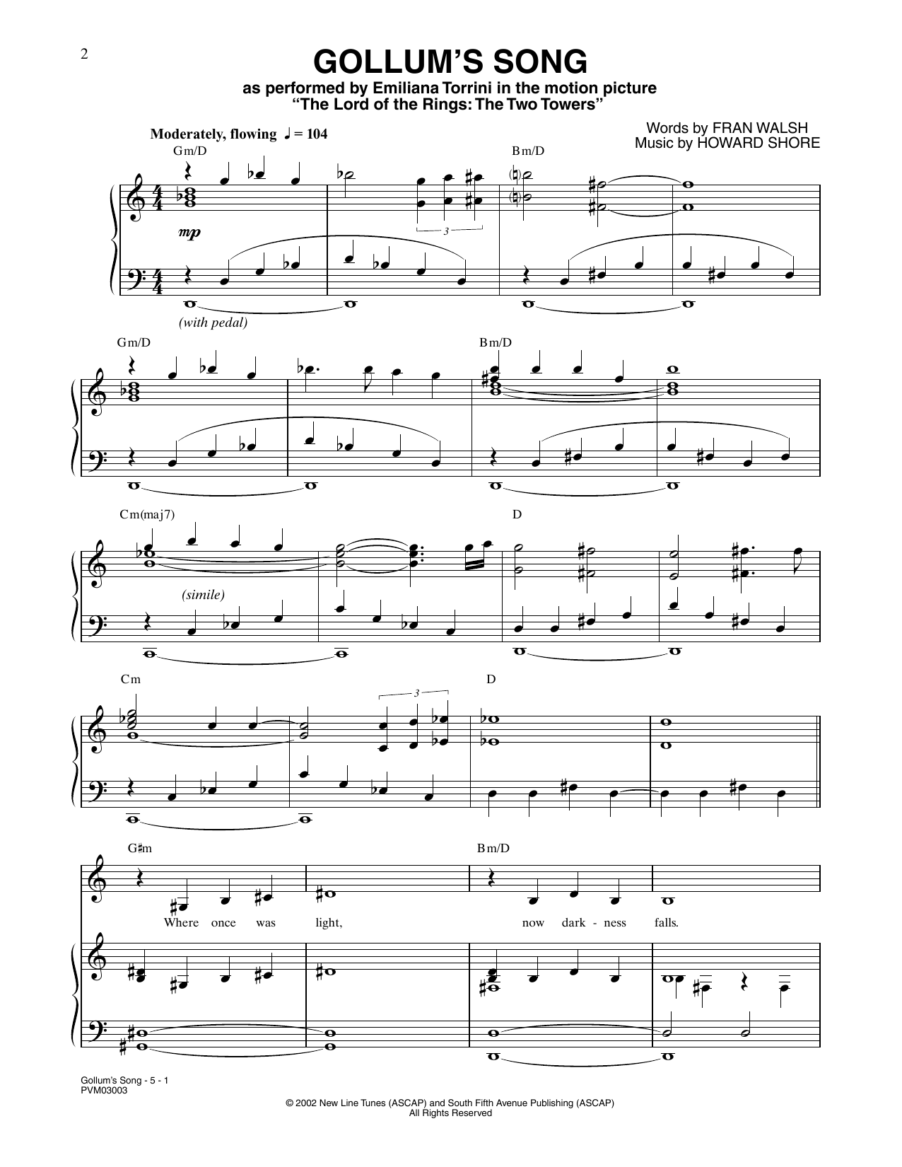 Howard Shore Gollum's Song (from The Lord Of The Rings: The Two Towers) Sheet Music Notes & Chords for Piano, Vocal & Guitar Chords (Right-Hand Melody) - Download or Print PDF