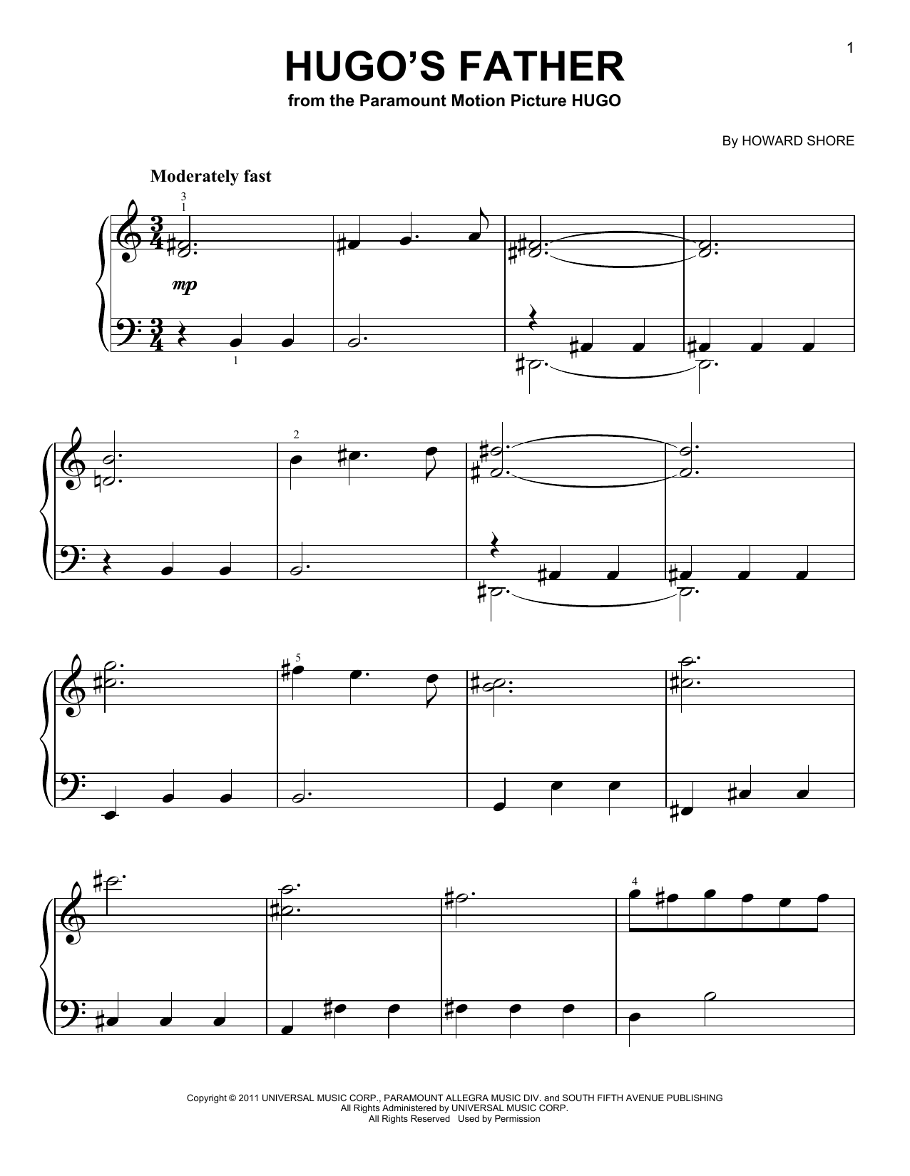 Howard Shore Hugo's Father (from Hugo) Sheet Music Notes & Chords for Easy Piano - Download or Print PDF