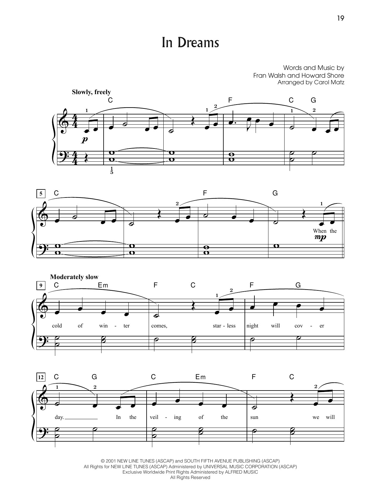 Howard Shore In Dreams (from The Lord Of The Rings: The Fellowship Of The Ring) (arr. Carol Matz) Sheet Music Notes & Chords for Big Note Piano - Download or Print PDF