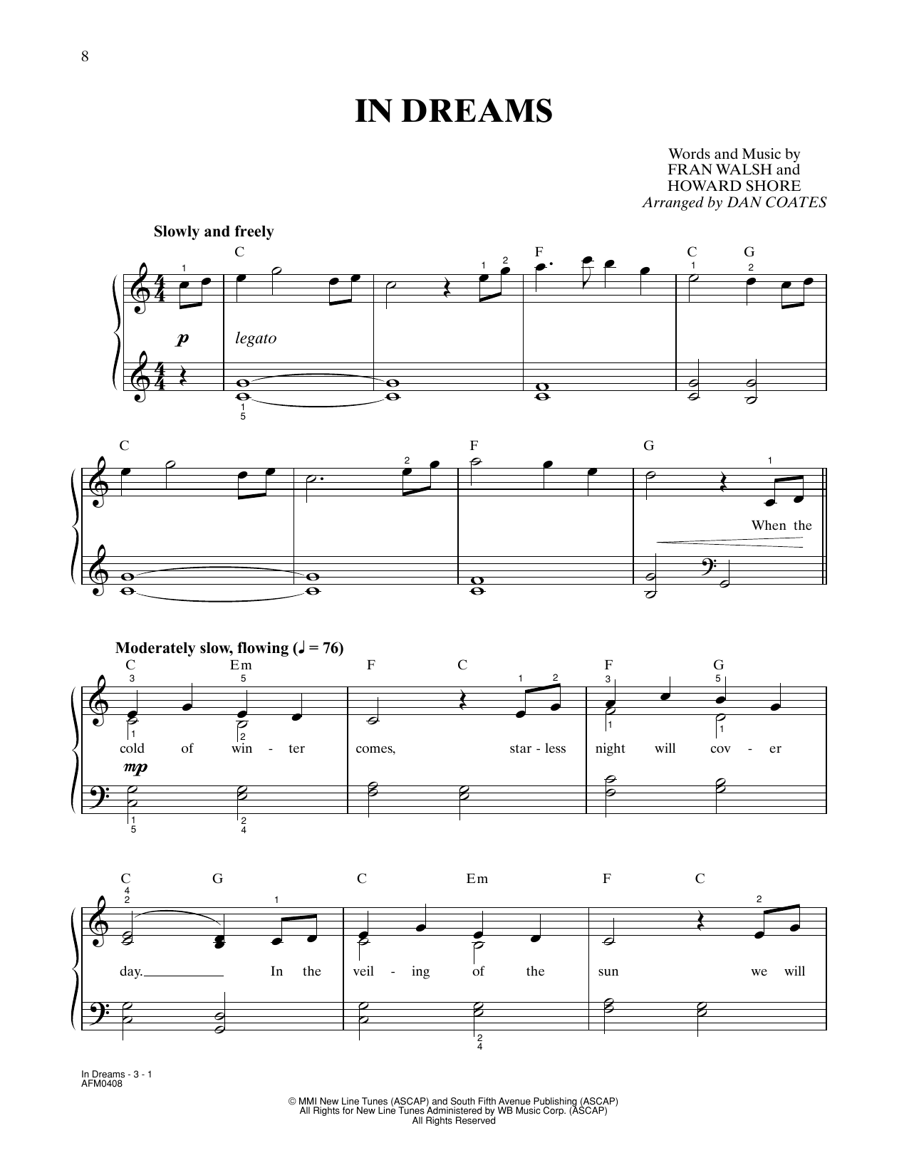 Howard Shore In Dreams (from The Lord Of The Rings: The Fellowship Of The Ring) (arr. Dan Coates) Sheet Music Notes & Chords for Easy Piano - Download or Print PDF