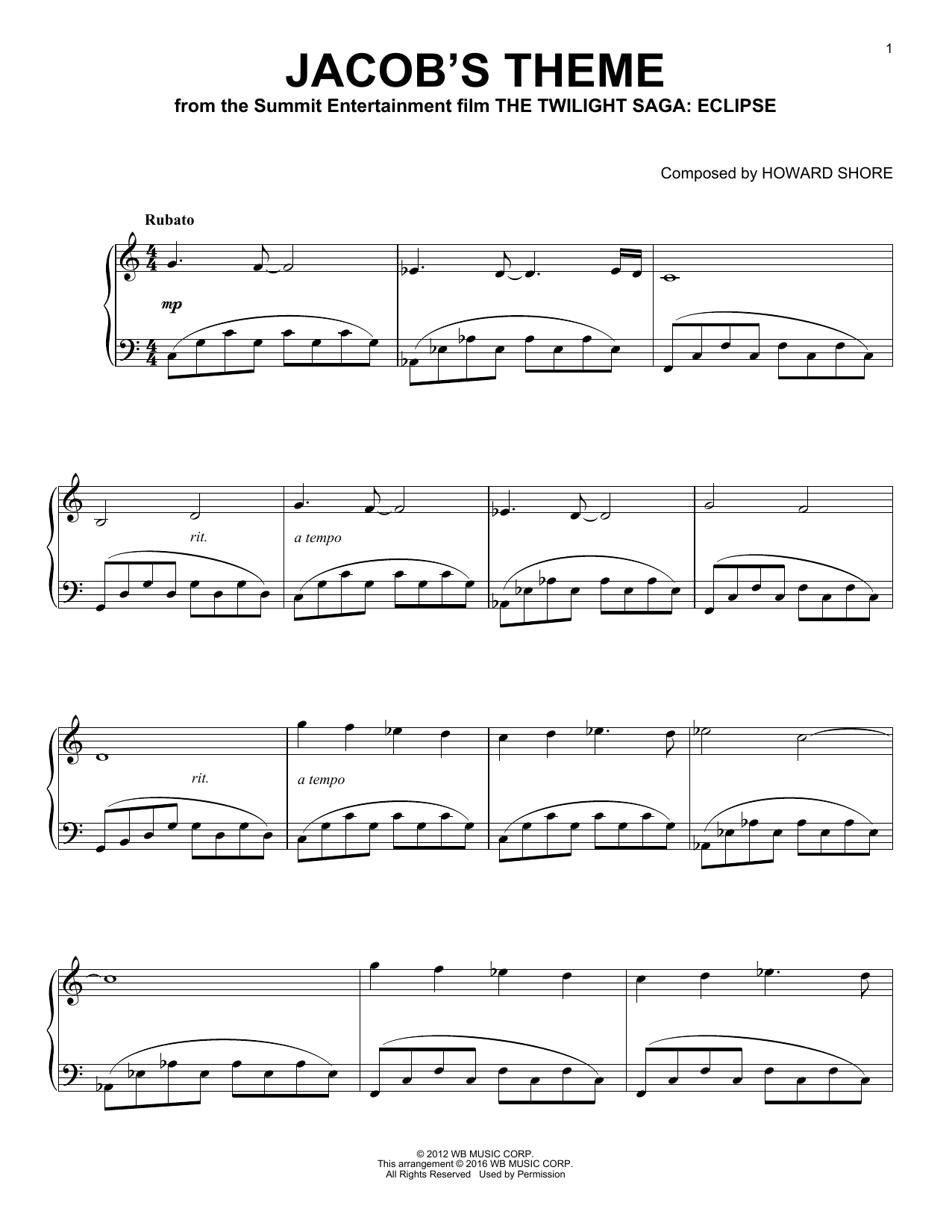 Howard Shore Jacob's Theme Sheet Music Notes & Chords for Piano (Big Notes) - Download or Print PDF