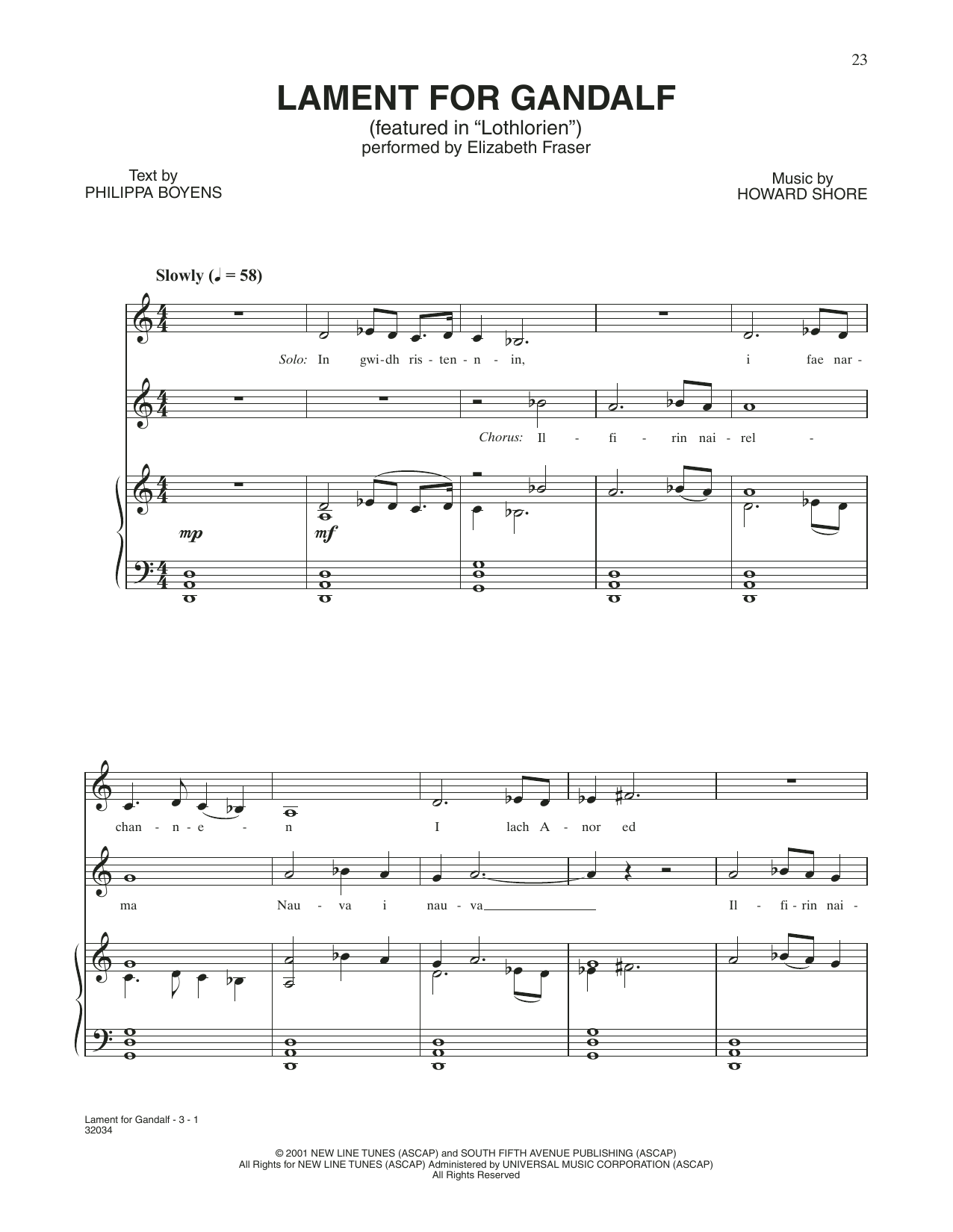 Howard Shore Lament For Gandalf (from The Lord Of The Rings: The Fellowship Of The Ring) Sheet Music Notes & Chords for Piano & Vocal - Download or Print PDF