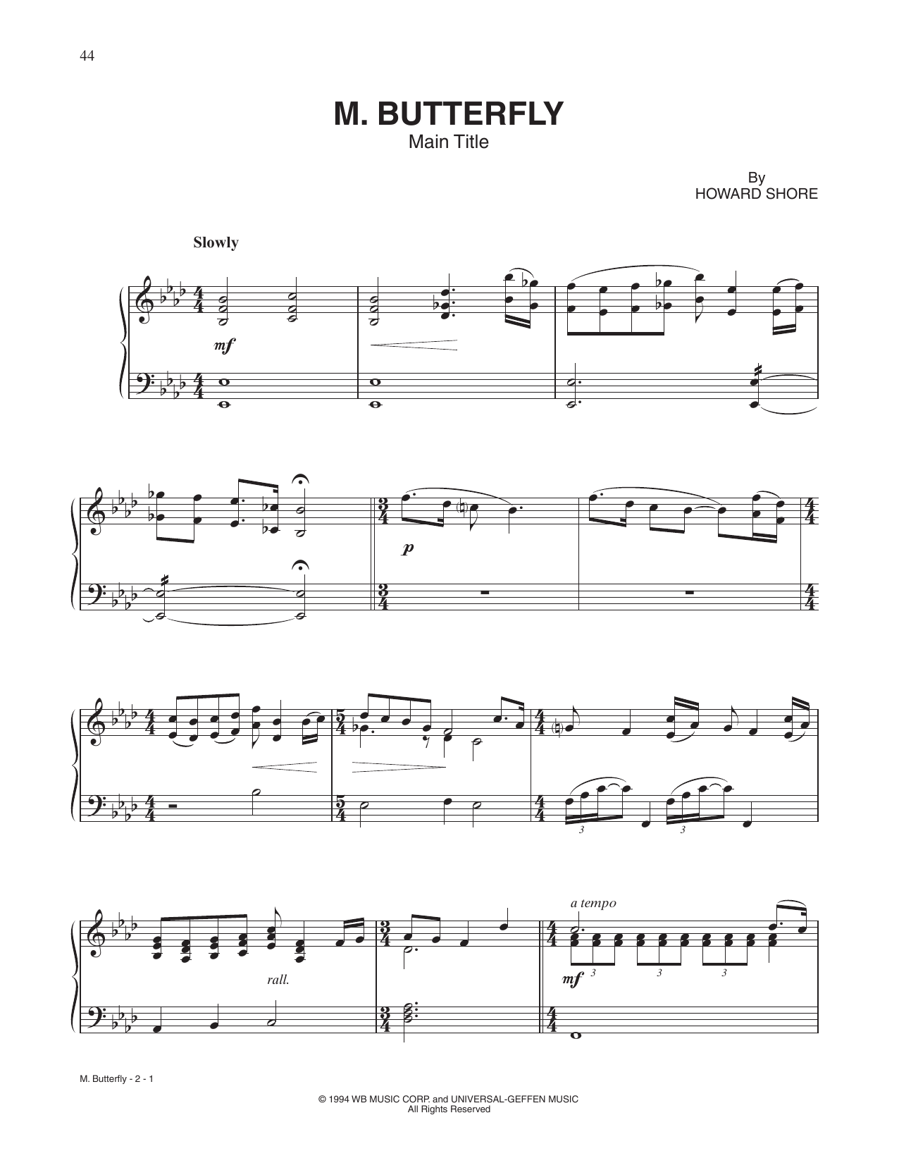 Howard Shore M. Butterfly (Main Title Theme) Sheet Music Notes & Chords for Piano Solo - Download or Print PDF