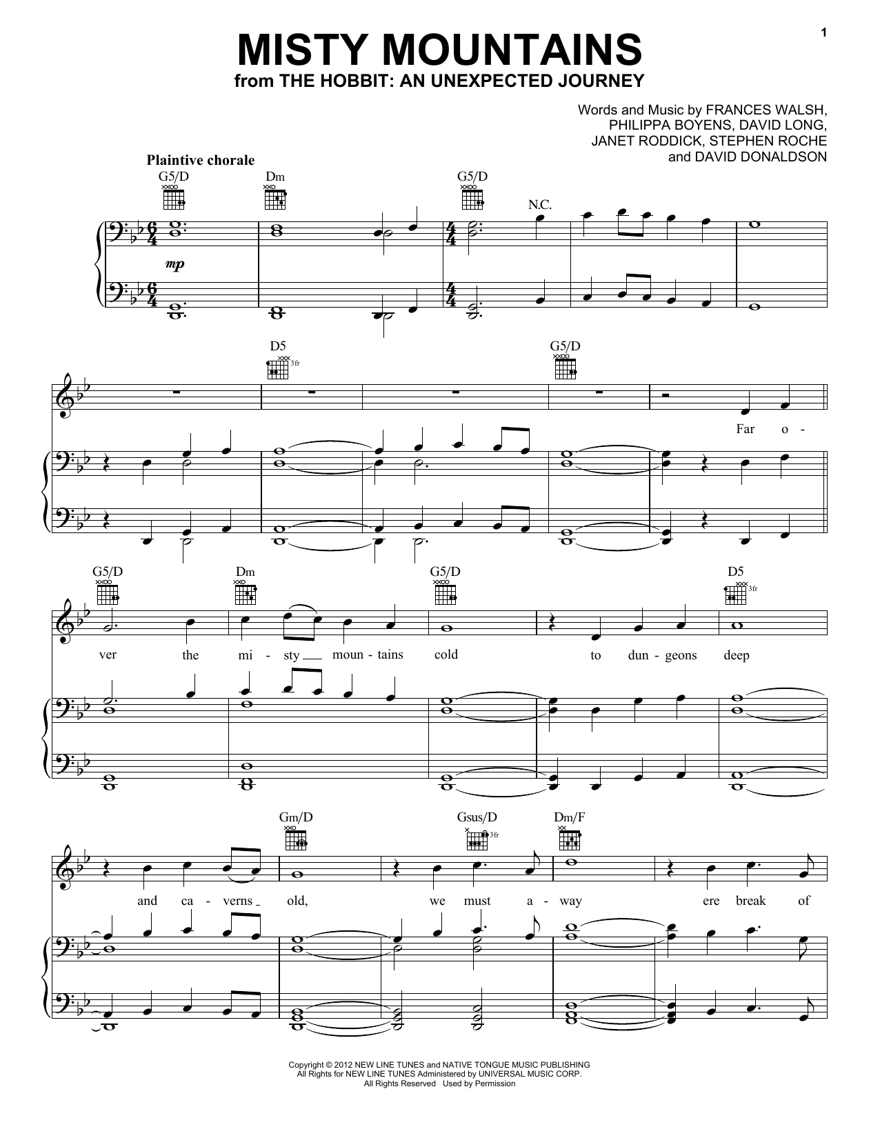 Howard Shore Misty Mountains (from The Hobbit: An Unexpected Journey) Sheet Music Notes & Chords for Piano, Vocal & Guitar (Right-Hand Melody) - Download or Print PDF