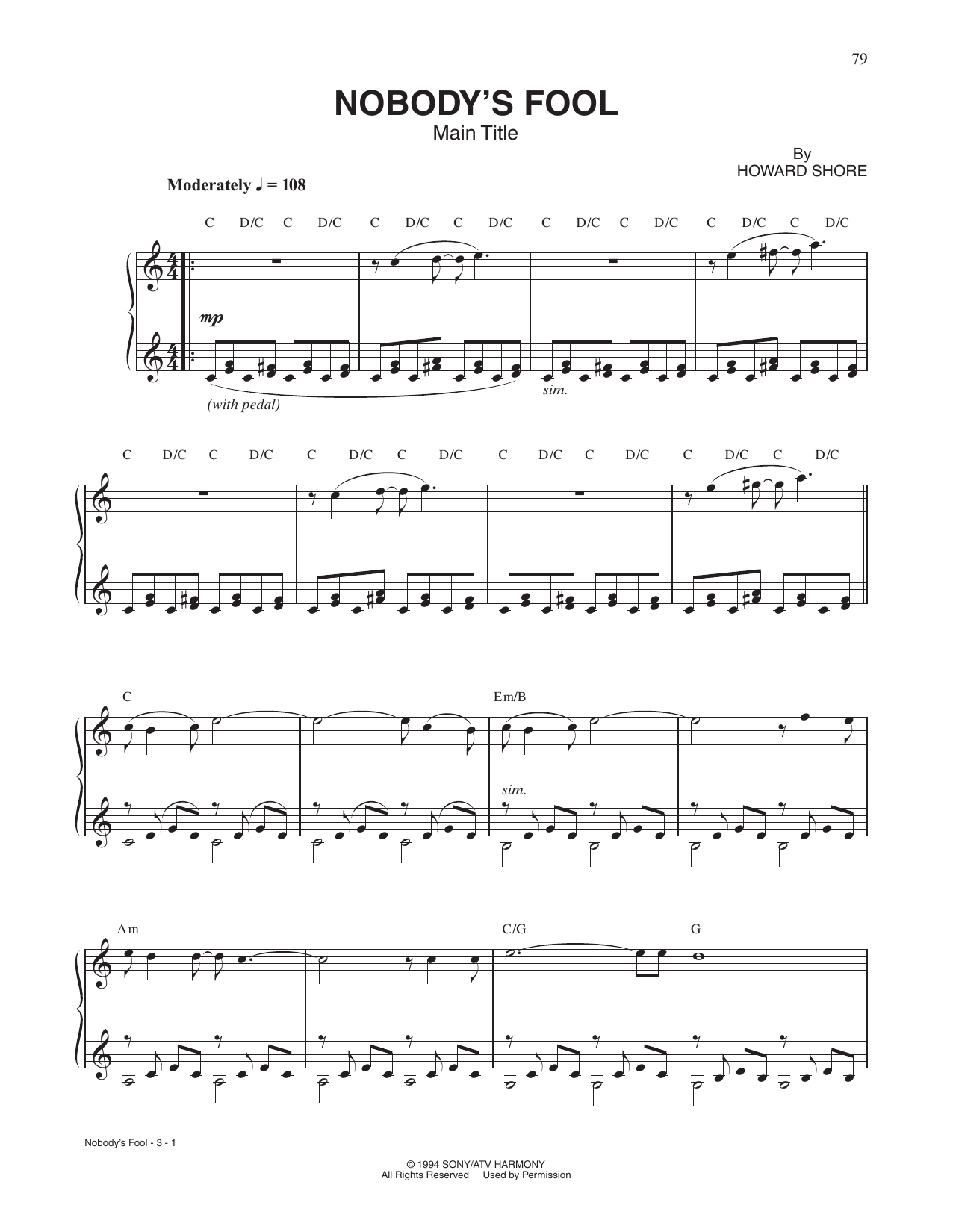 Howard Shore Nobody's Fool (Main Title) Sheet Music Notes & Chords for Piano Solo - Download or Print PDF