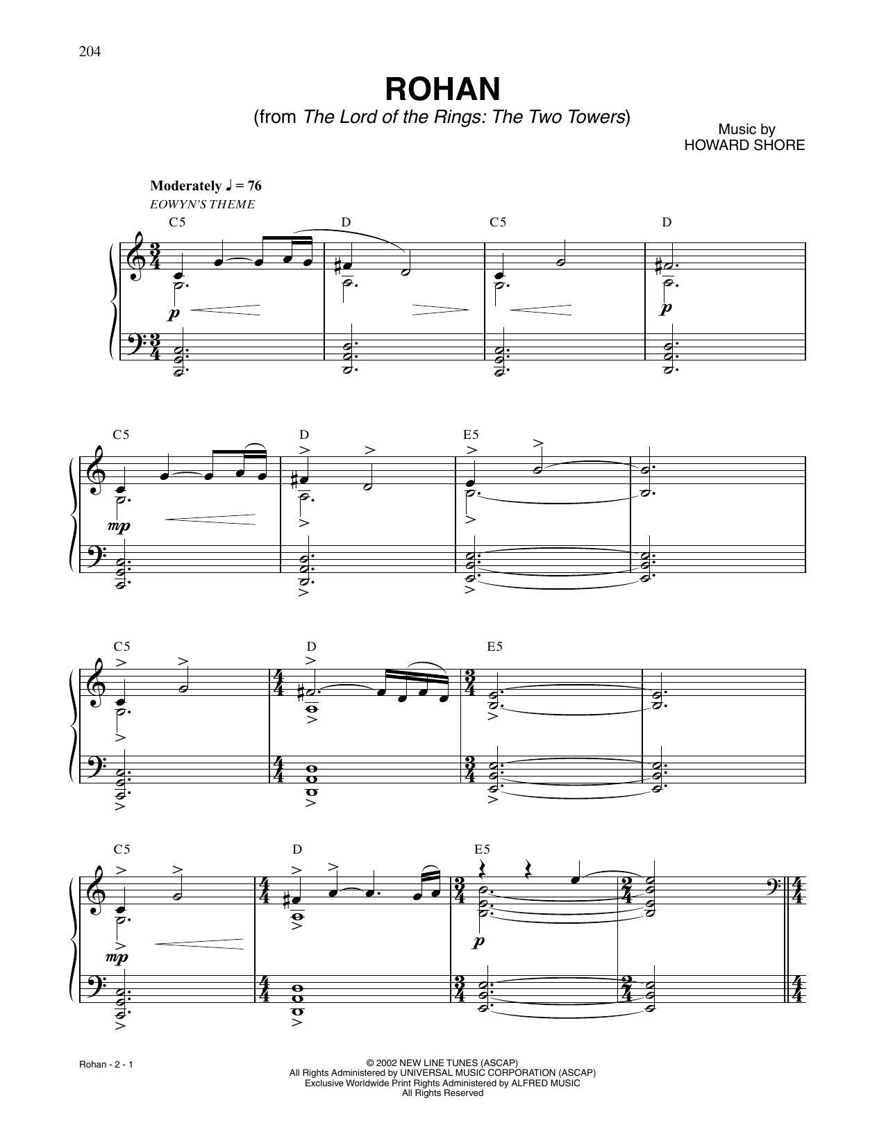 Howard Shore Rohan (from The Lord Of The Rings: The Two Towers) Sheet Music Notes & Chords for Piano Solo - Download or Print PDF Howard Shore Rohan (from The Lord Of The Rings: The Two Towers) Sheet Music Notes & Chords for Piano Solo - Download or Print PDF