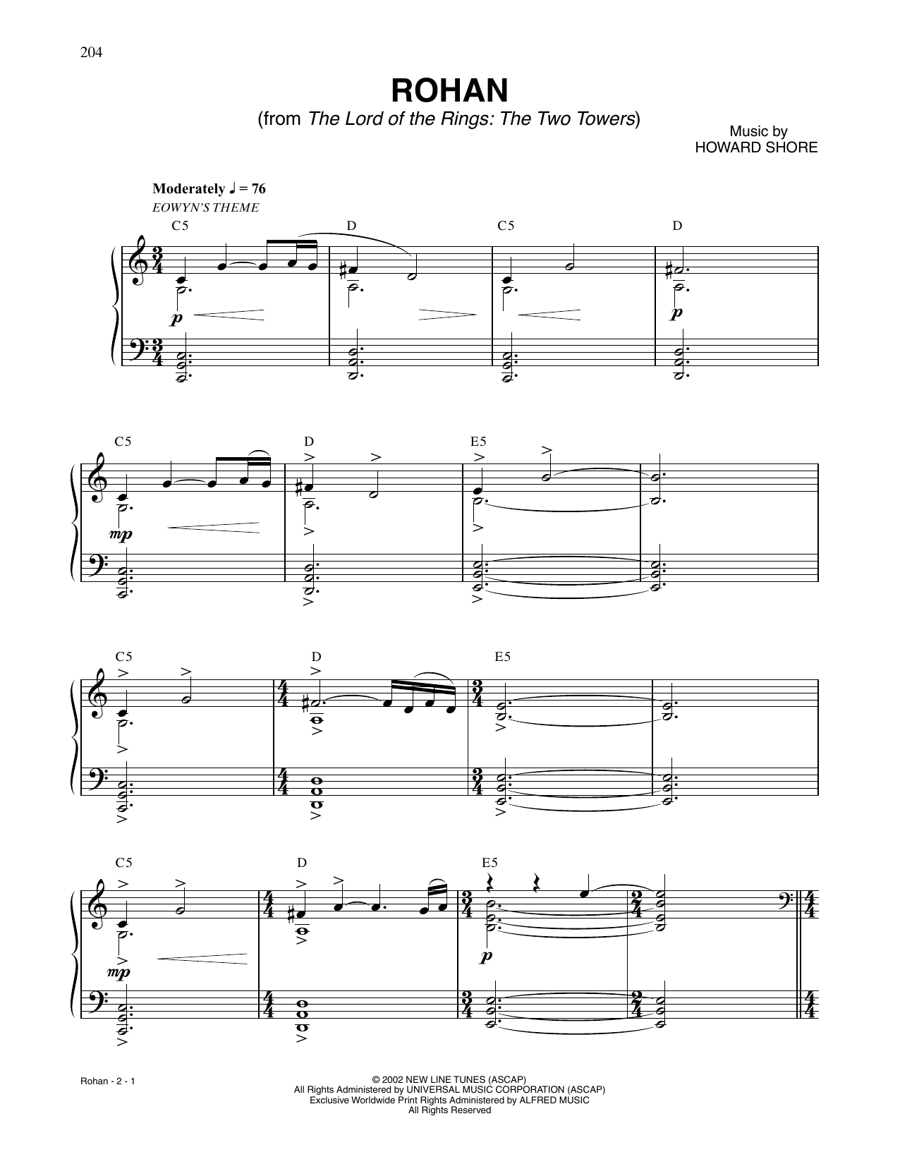 Howard Shore Rohan (from The Lord Of The Rings: The Two Towers) Sheet Music Notes & Chords for Piano Solo - Download or Print PDF