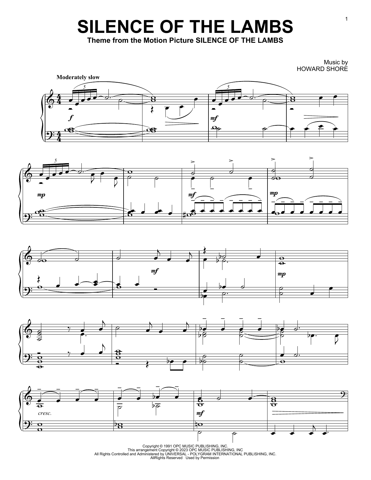 Howard Shore Silence Of The Lambs Sheet Music Notes & Chords for Piano Solo - Download or Print PDF
