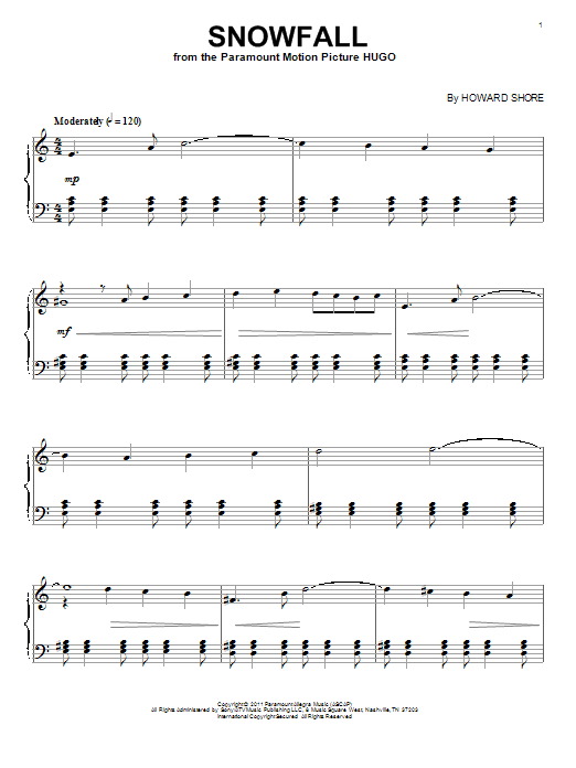 Howard Shore Snowfall Sheet Music Notes & Chords for Piano - Download or Print PDF