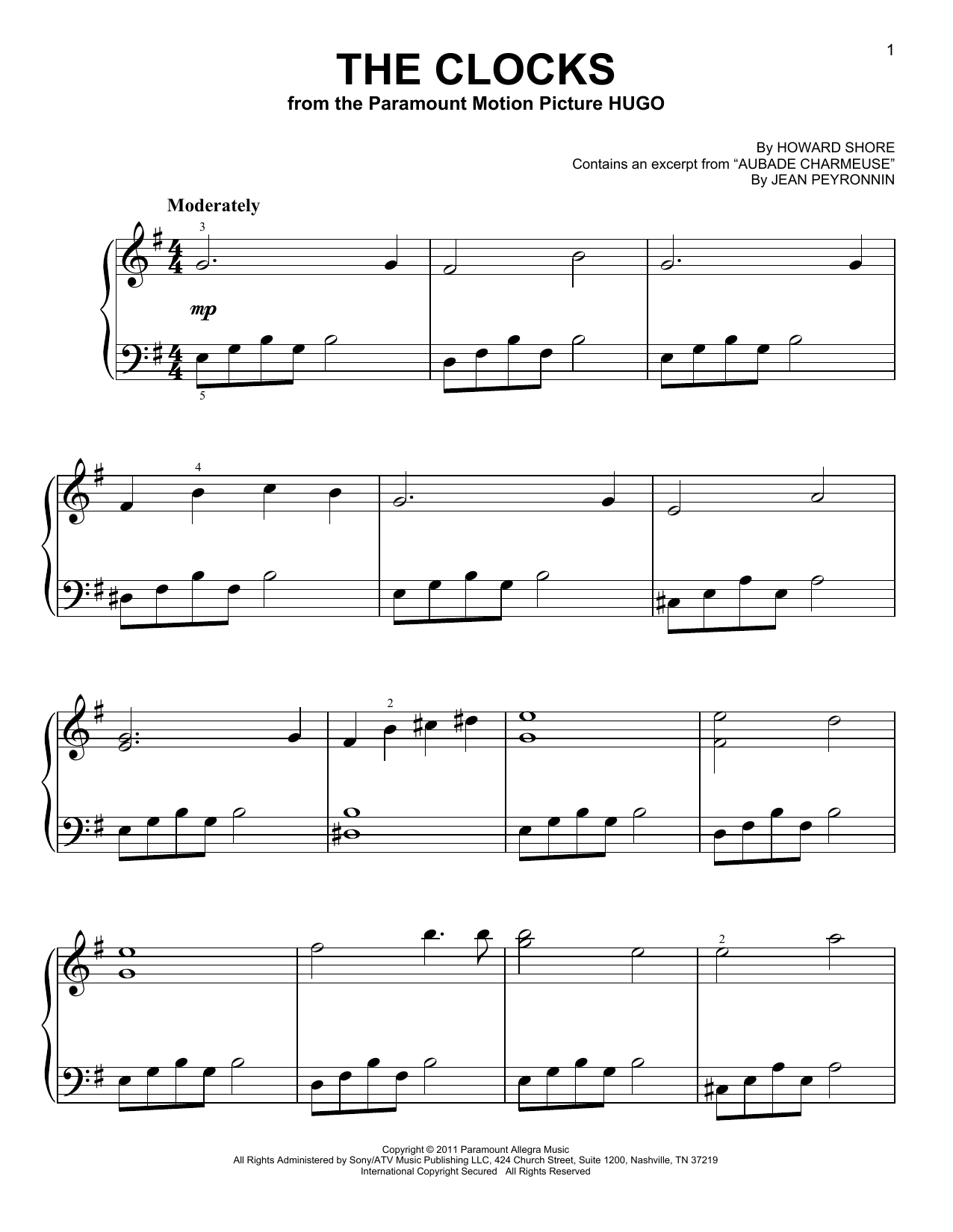 Howard Shore The Clocks (from Hugo) Sheet Music Notes & Chords for Very Easy Piano - Download or Print PDF