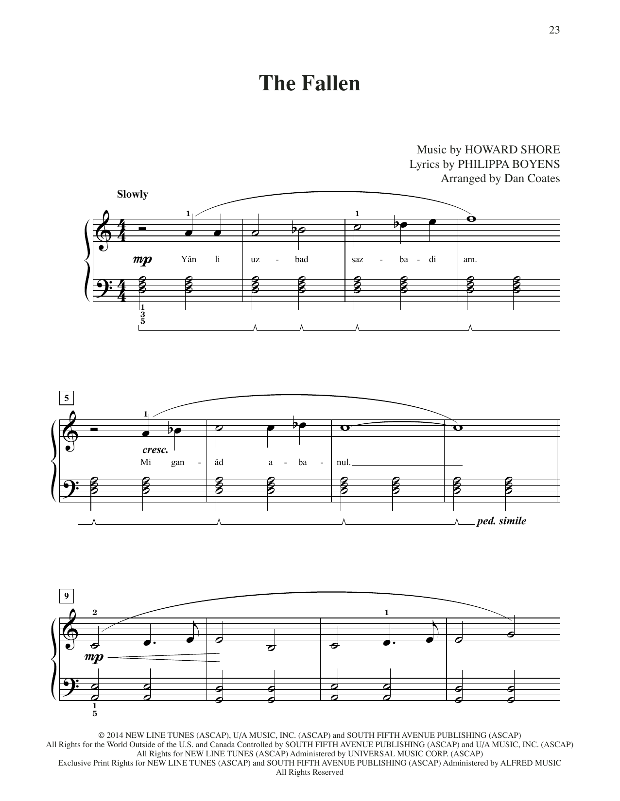 Howard Shore The Fallen (from The Hobbit: The Battle of the Five Armies) (arr. Dan Coates) Sheet Music Notes & Chords for Easy Piano - Download or Print PDF