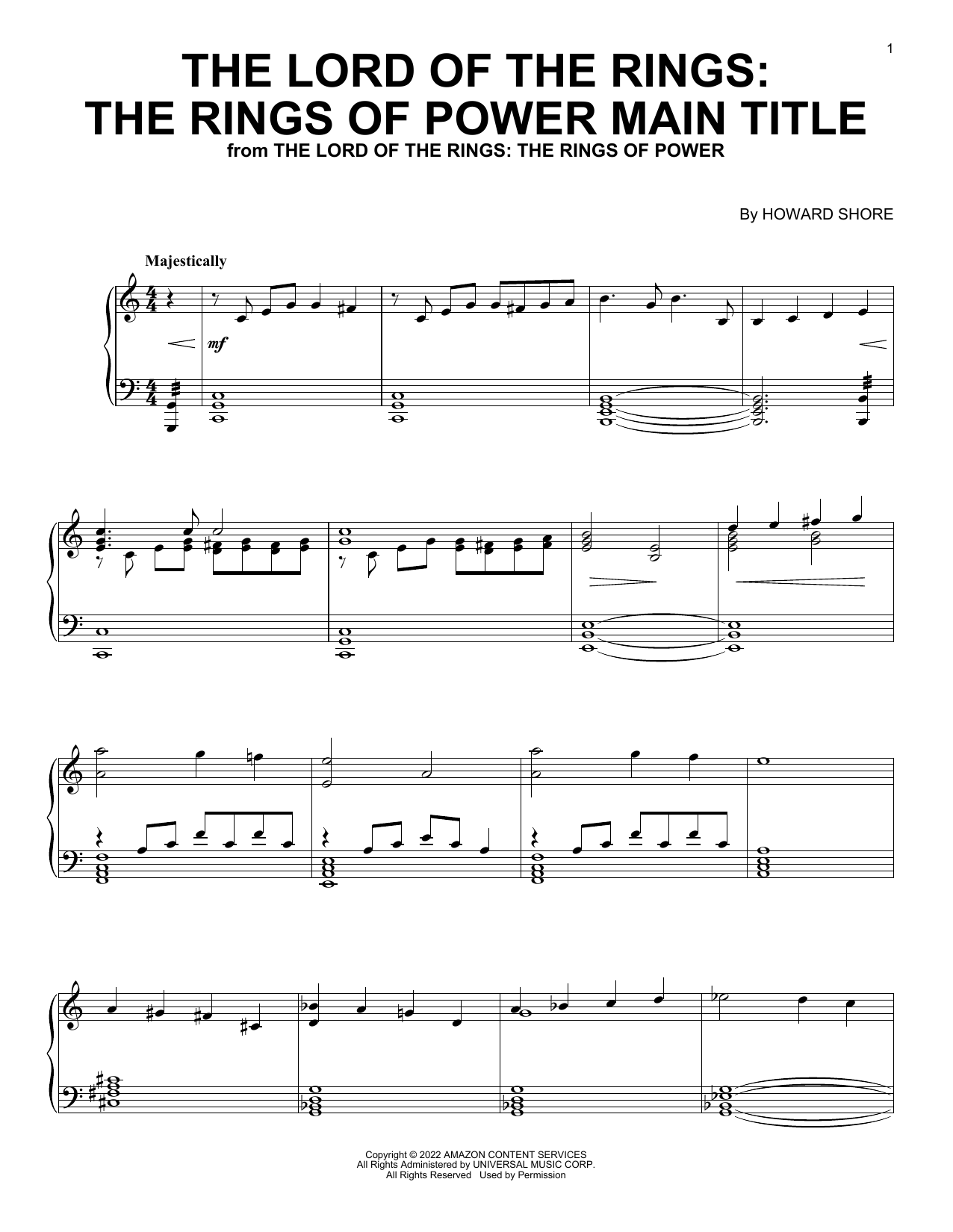 Howard Shore The Lord Of The Rings: The Rings Of Power Main Title Sheet Music Notes & Chords for Piano Solo - Download or Print PDF