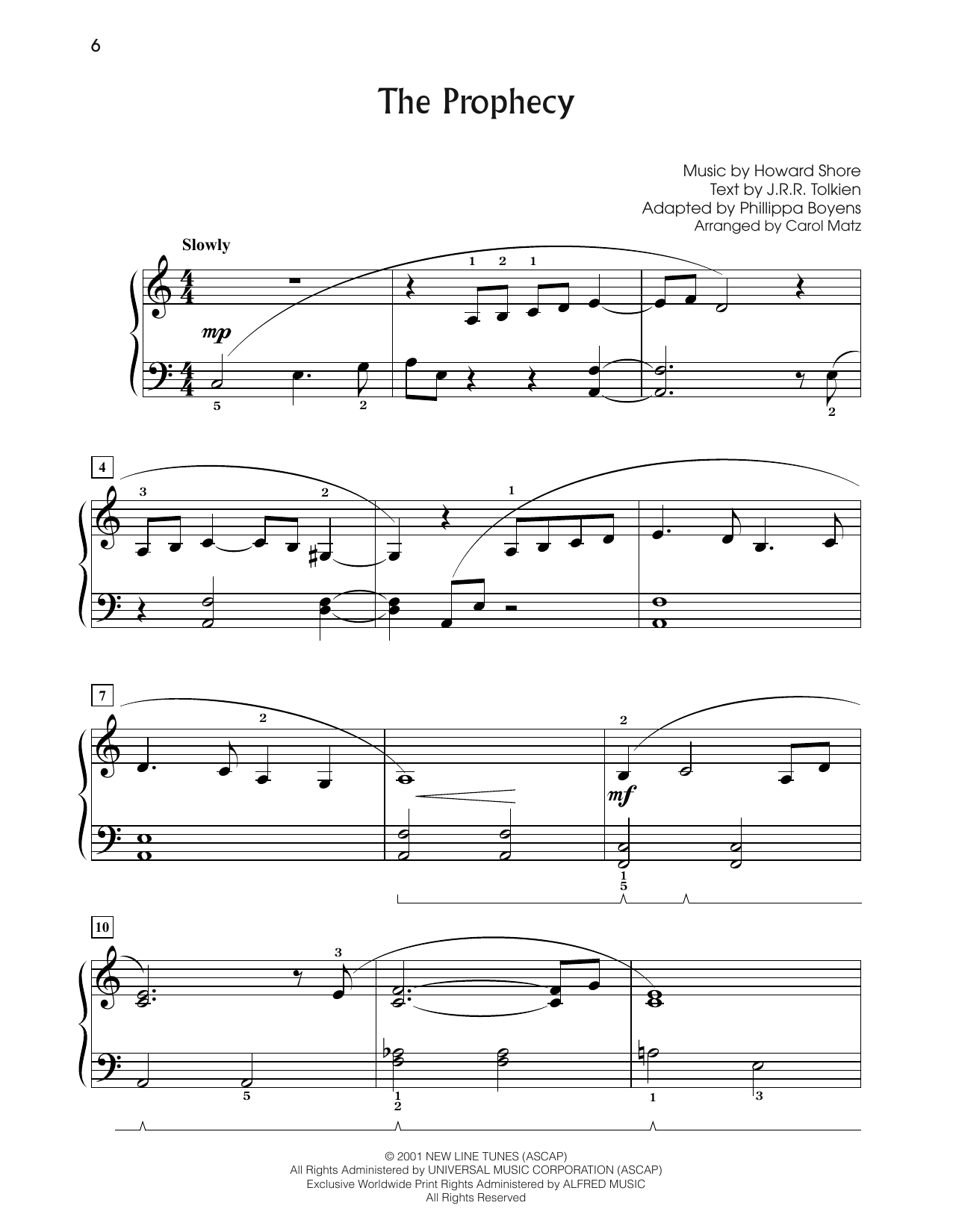 Howard Shore The Prophecy (from The Lord Of The Rings: The Fellowship Of The Ring) (arr. Carol Matz) Sheet Music Notes & Chords for Big Note Piano - Download or Print PDF