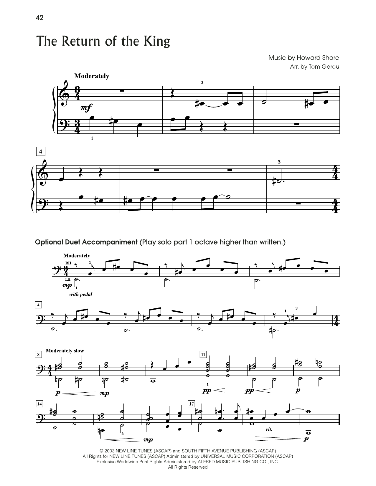 Howard Shore The Return Of The King (from The Lord Of The Rings) (arr. Tom Gerou) Sheet Music Notes & Chords for 5-Finger Piano - Download or Print PDF